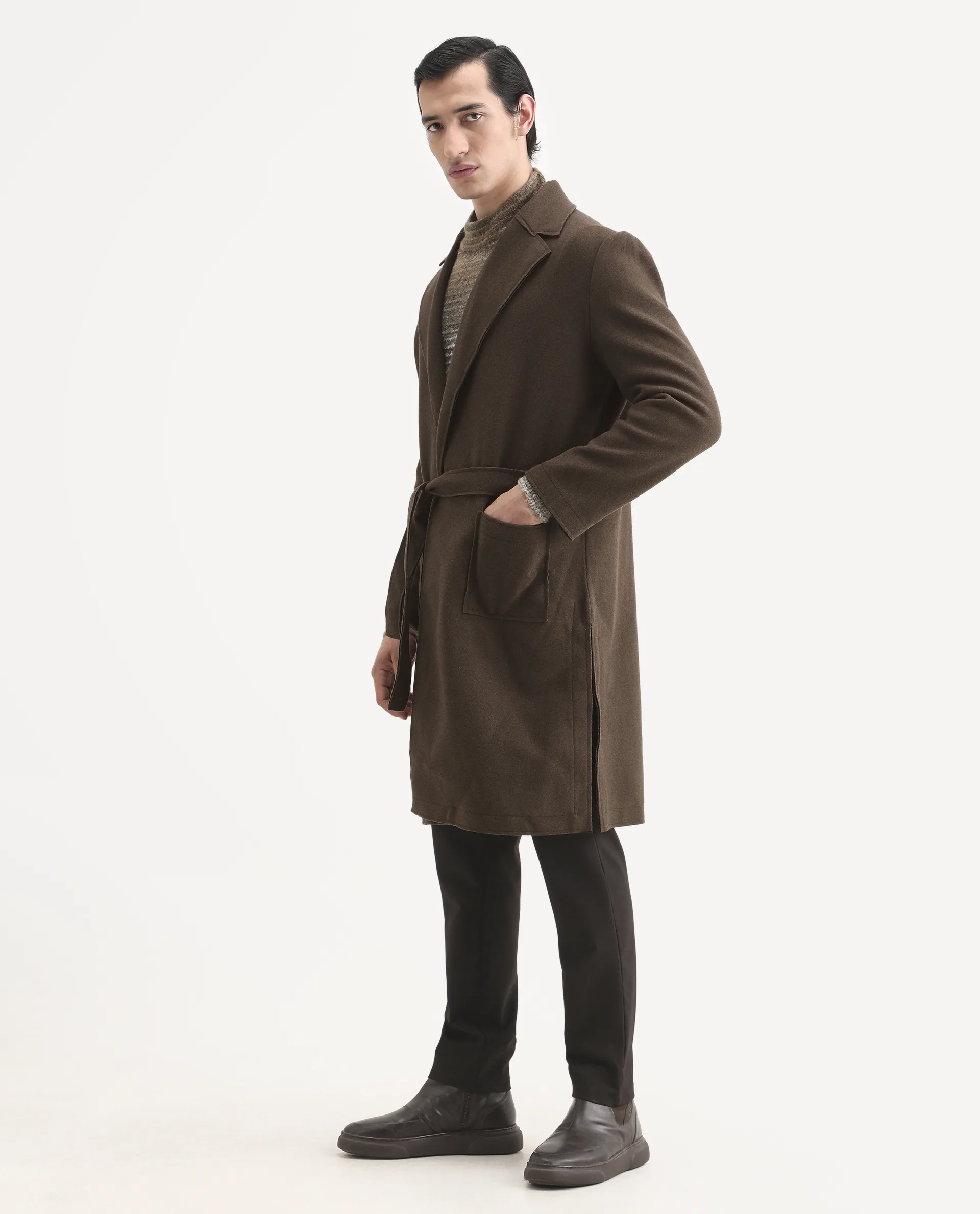 Rare Rabbit Men's Nemot Dark Brown Polyester Fabric Lapel Neck Regular Plain Coat - Image 6