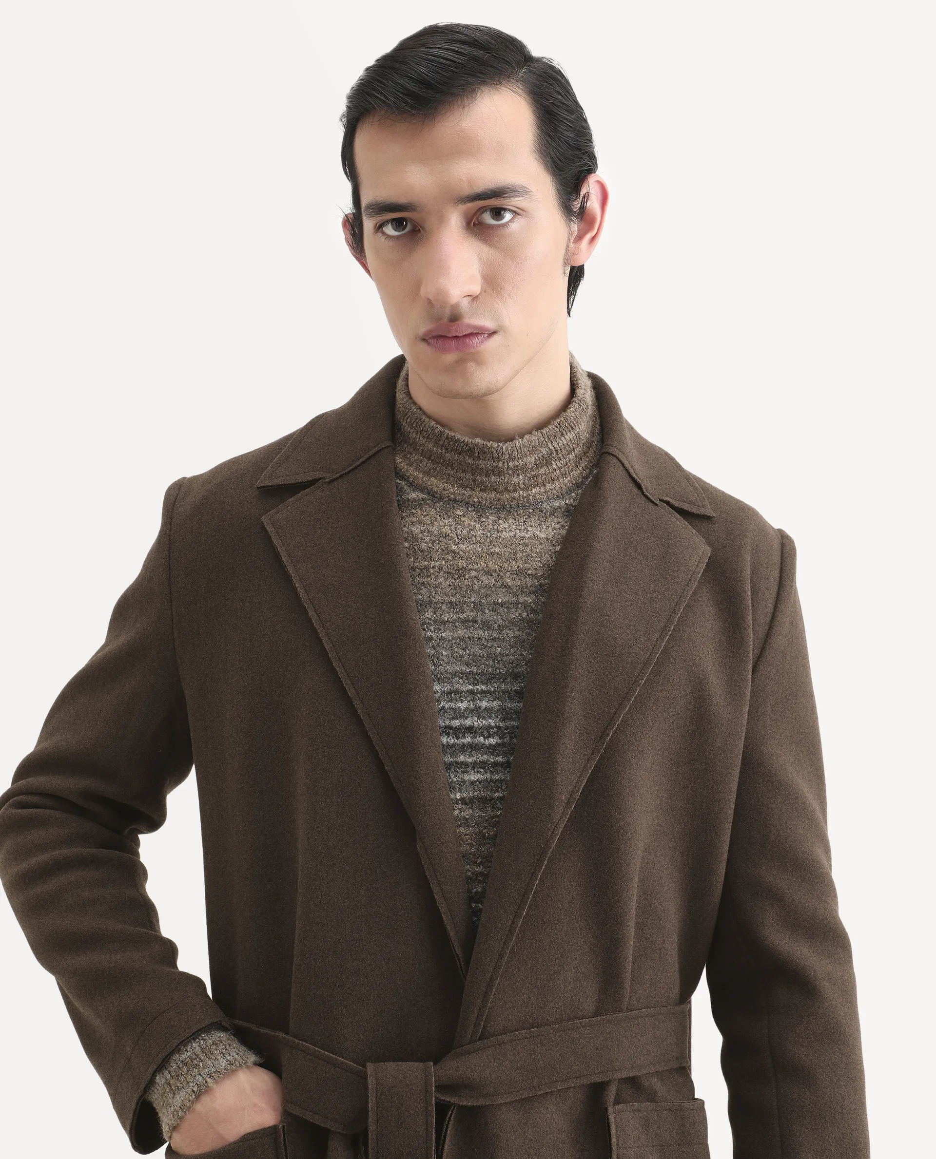 Rare Rabbit Men's Nemot Dark Brown Polyester Fabric Lapel Neck Regular Plain Coat - Image 7