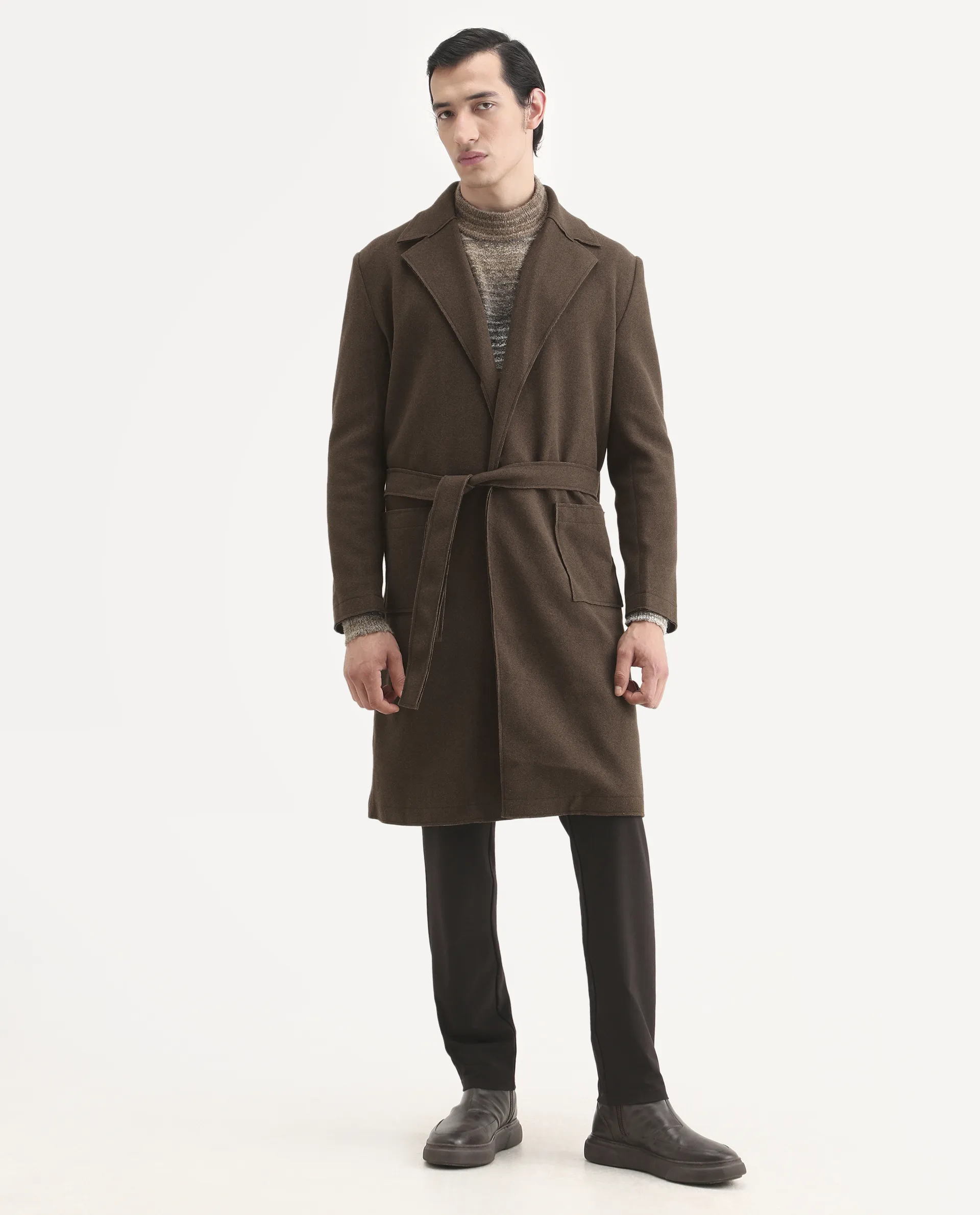 Rare Rabbit Men's Nemot Dark Brown Polyester Fabric Lapel Neck Regular Plain Coat - Image 8