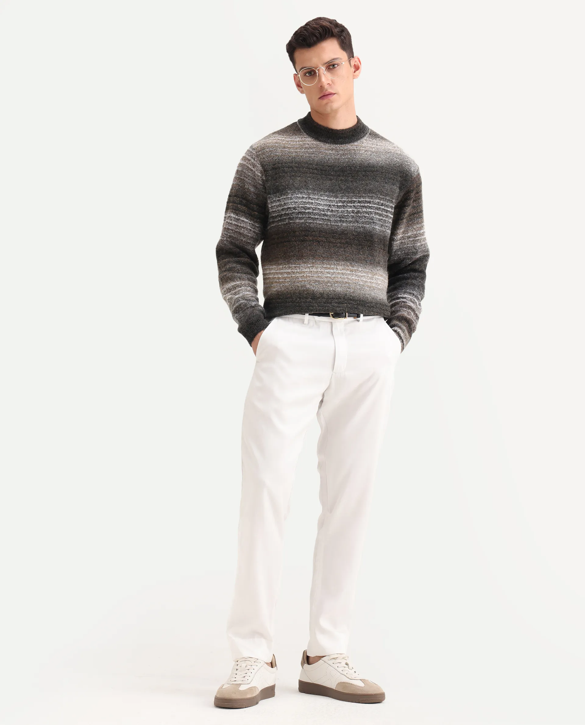 Rare Rabbit Men's Nemot Dark Grey Acrylic Colorblock Regular Fit Full Sleeve Crew Neck Sweater - Image 2