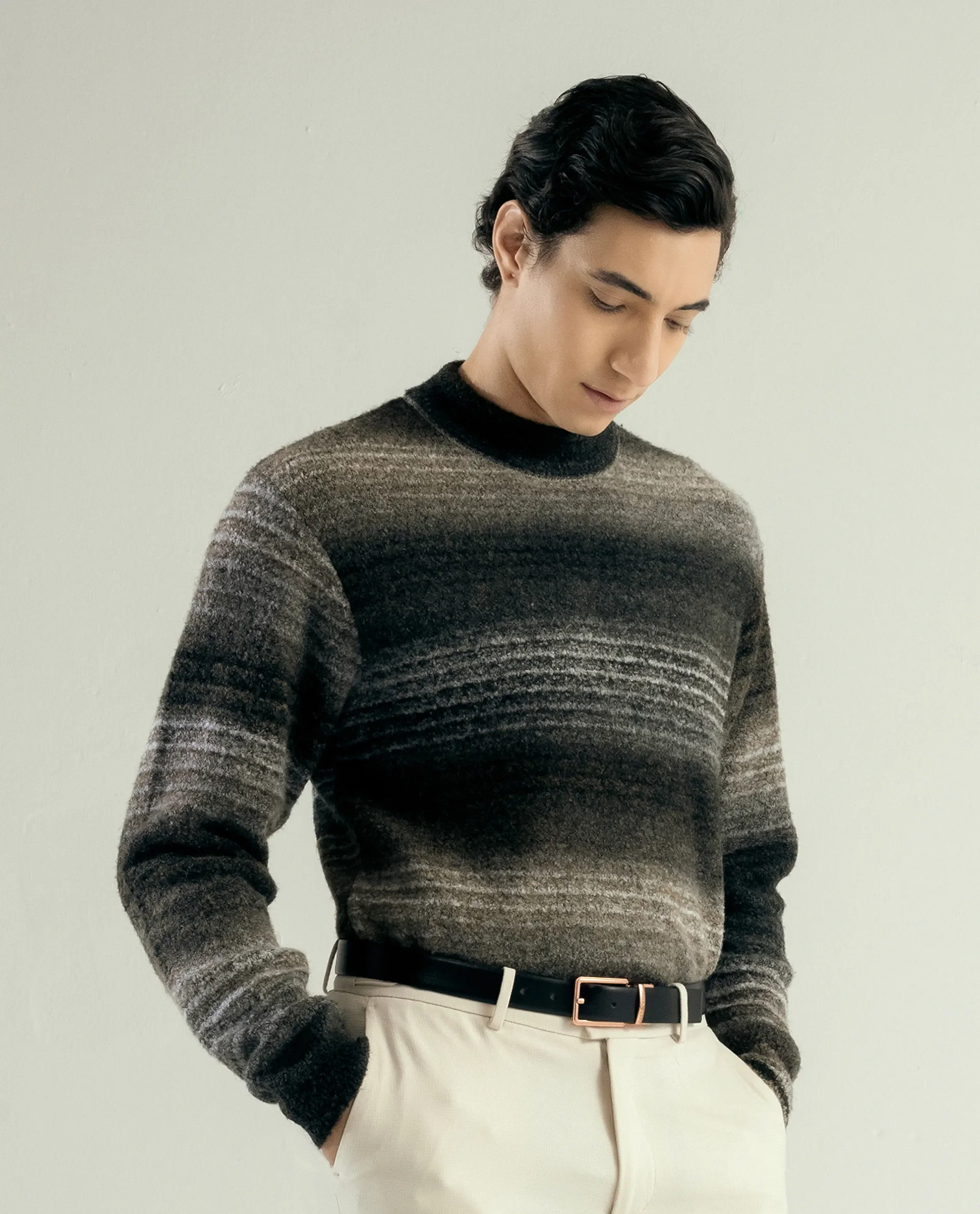 Rare Rabbit Men's Nemot Dark Grey Acrylic Colorblock Regular Fit Full Sleeve Crew Neck Sweater - Image 3