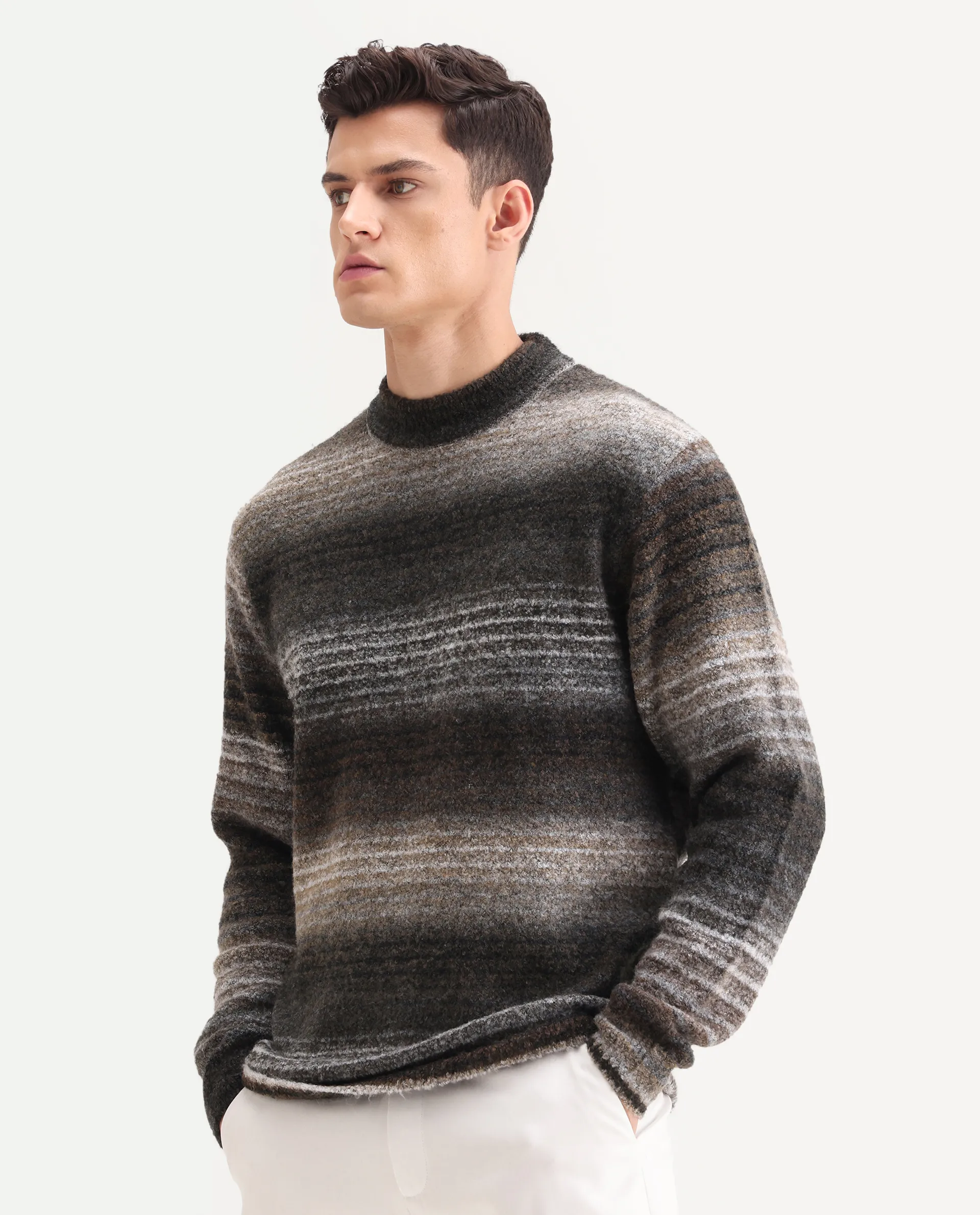 Rare Rabbit Men's Nemot Dark Grey Acrylic Colorblock Regular Fit Full Sleeve Crew Neck Sweater - Image 6