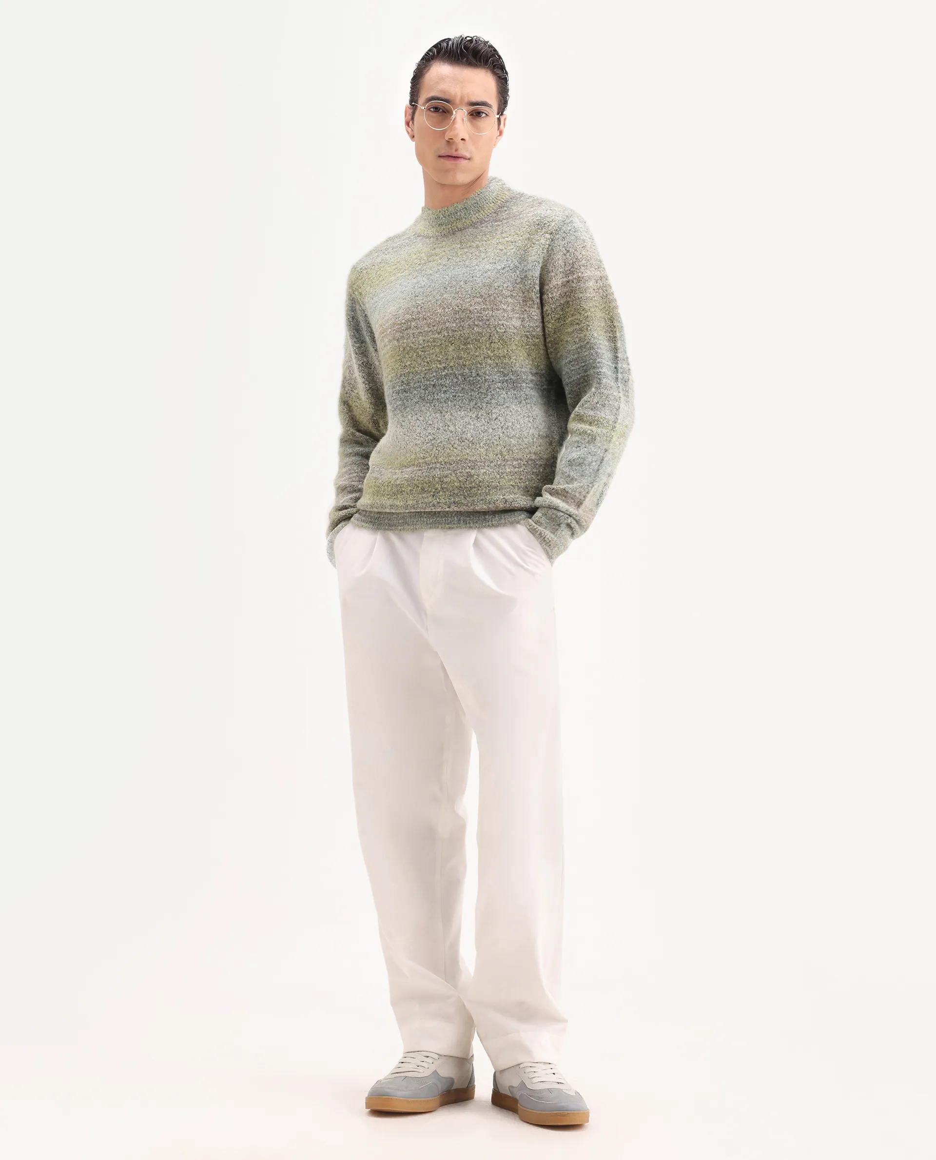Rare Rabbit Men's Nemot Light Green Acrylic Colorblock Regular Fit Full Sleeve Crew Neck Sweater - Image 2