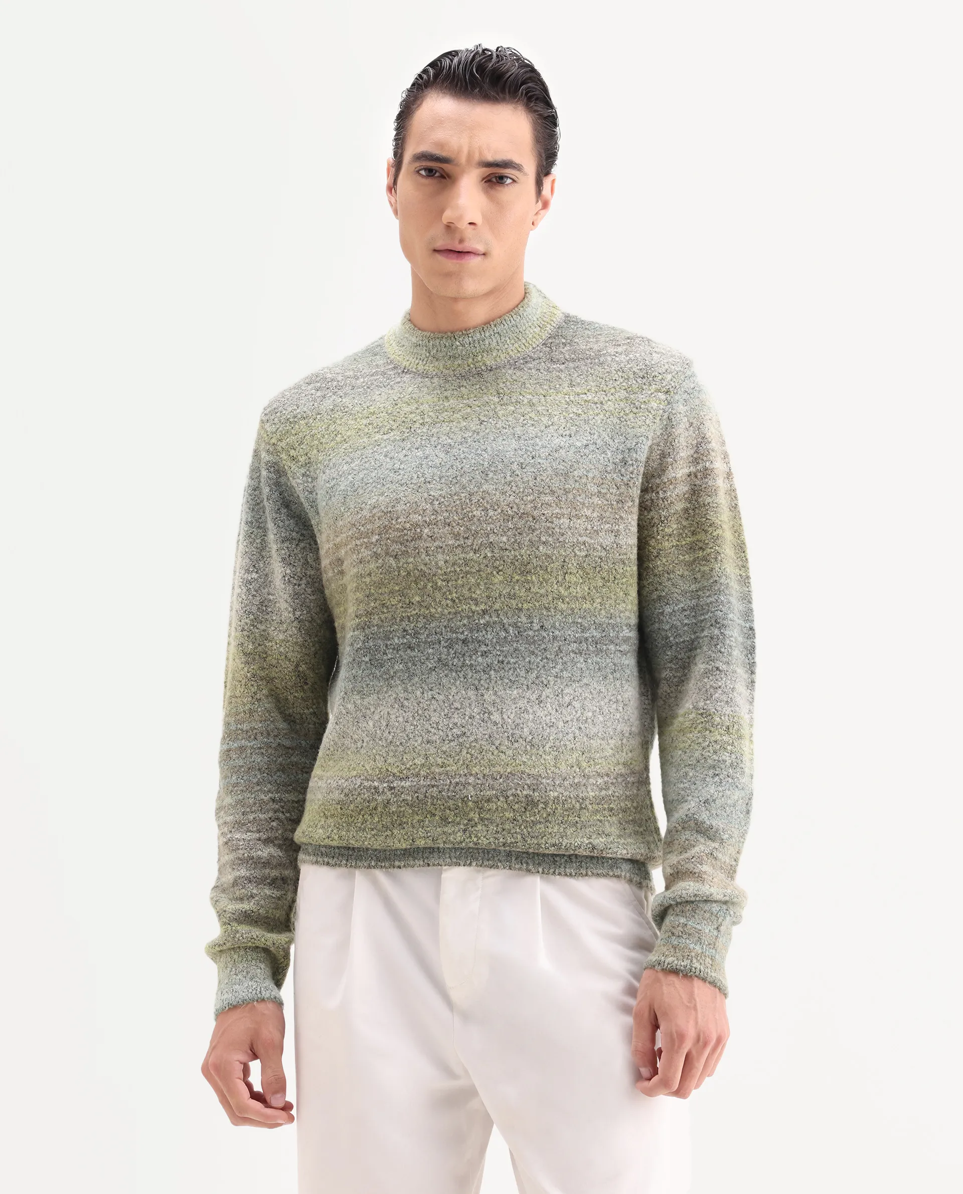 Rare Rabbit Men's Nemot Light Green Acrylic Colorblock Regular Fit Full Sleeve Crew Neck Sweater - Image 4