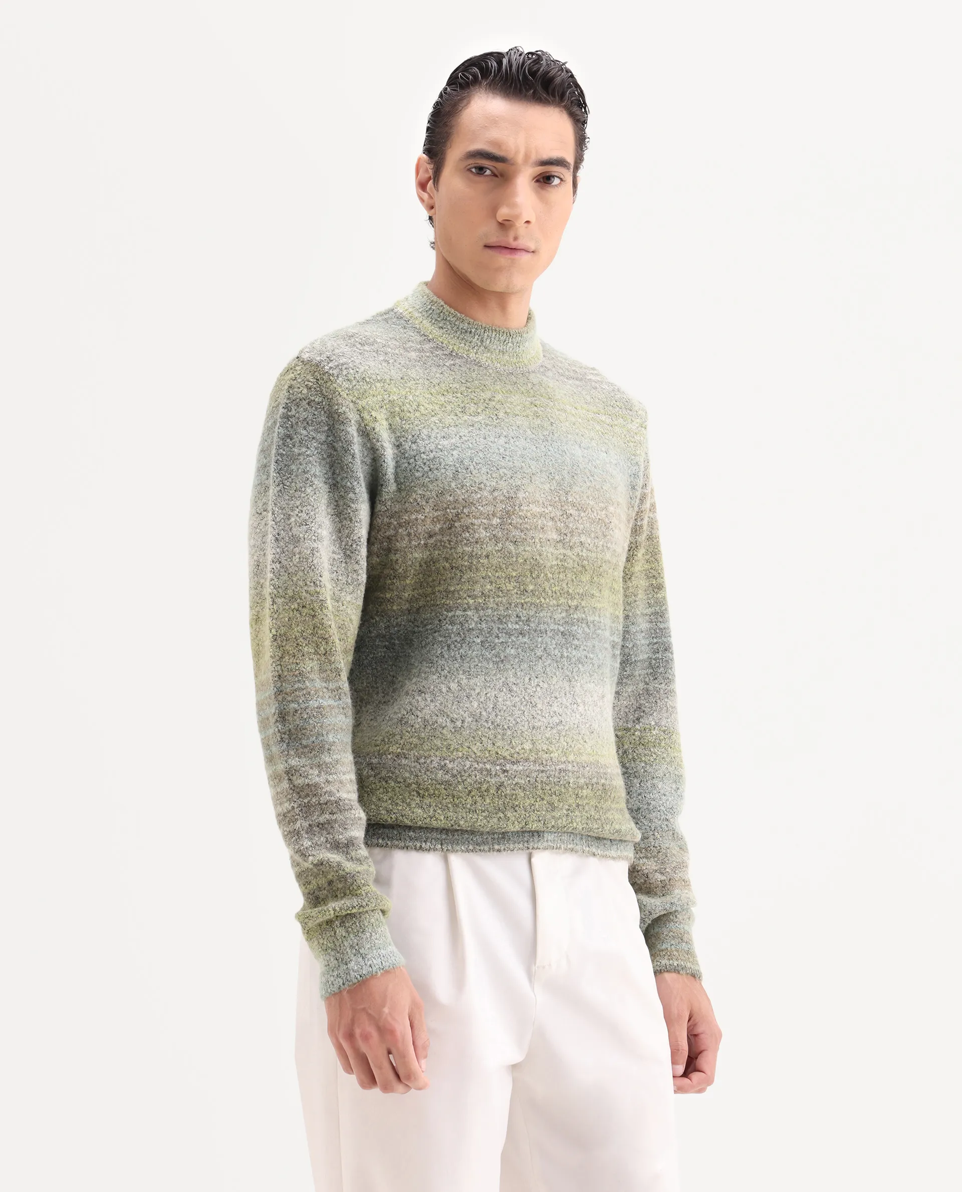Rare Rabbit Men's Nemot Light Green Acrylic Colorblock Regular Fit Full Sleeve Crew Neck Sweater - Image 5