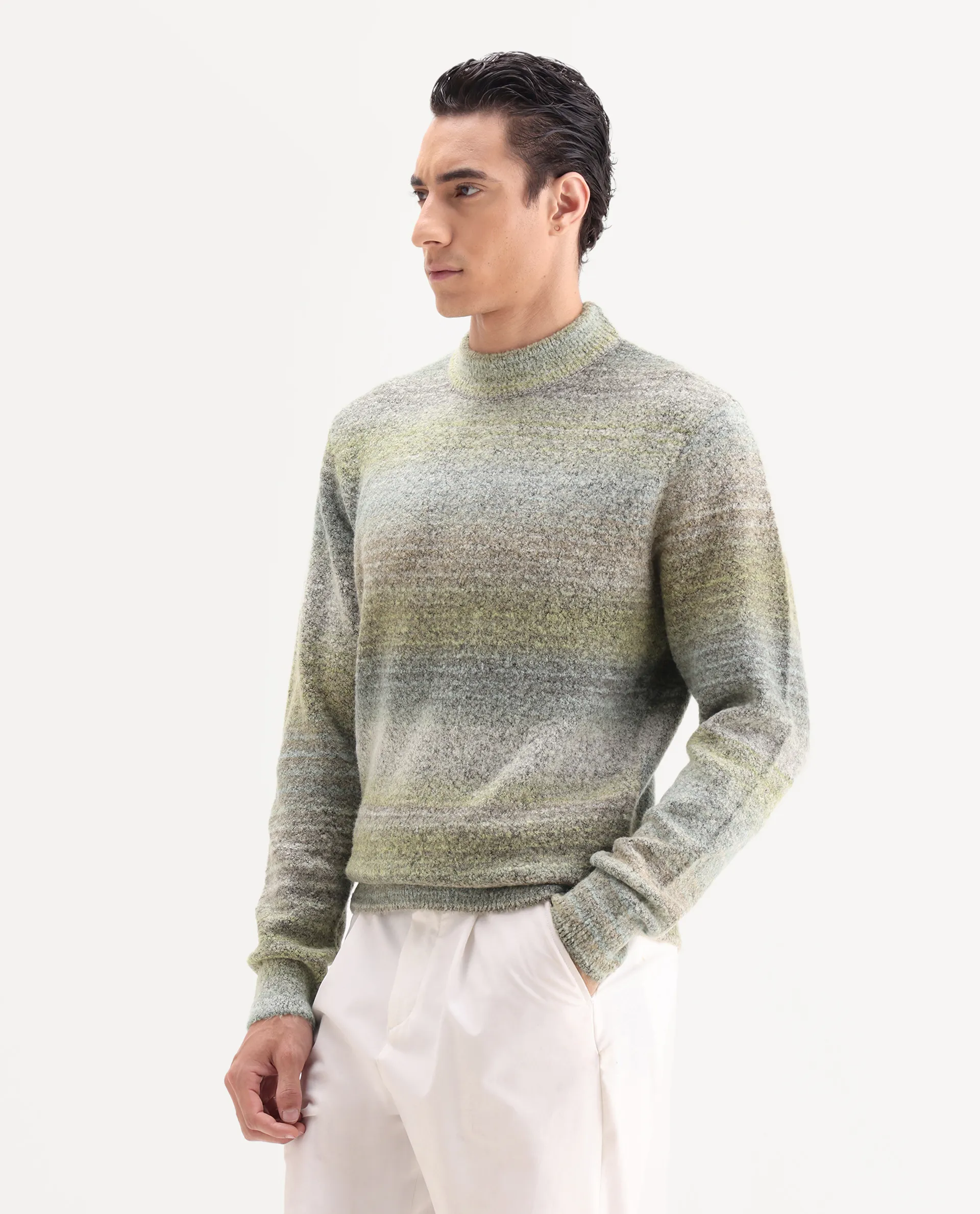 Rare Rabbit Men's Nemot Light Green Acrylic Colorblock Regular Fit Full Sleeve Crew Neck Sweater - Image 6