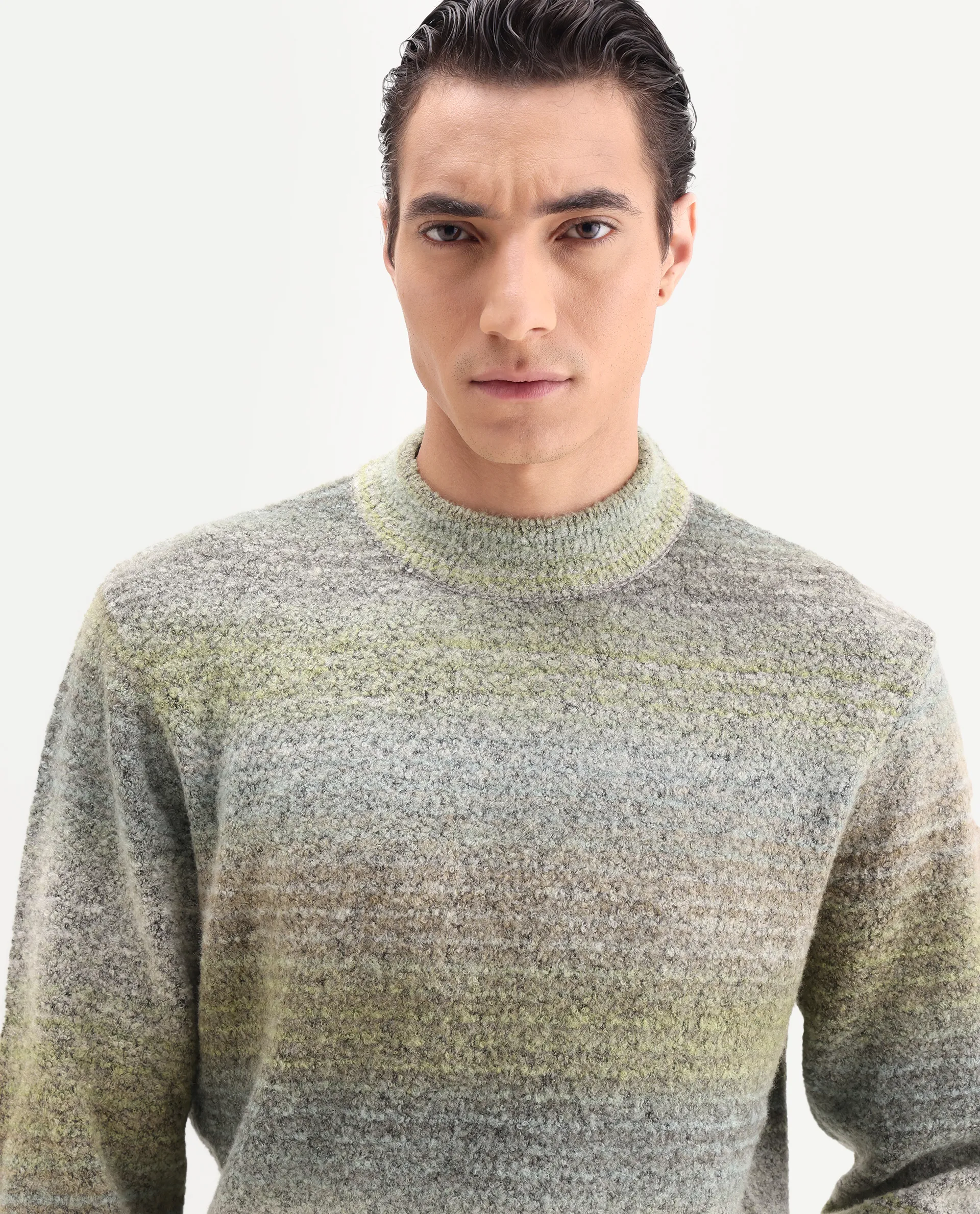 Rare Rabbit Men's Nemot Light Green Acrylic Colorblock Regular Fit Full Sleeve Crew Neck Sweater - Image 7
