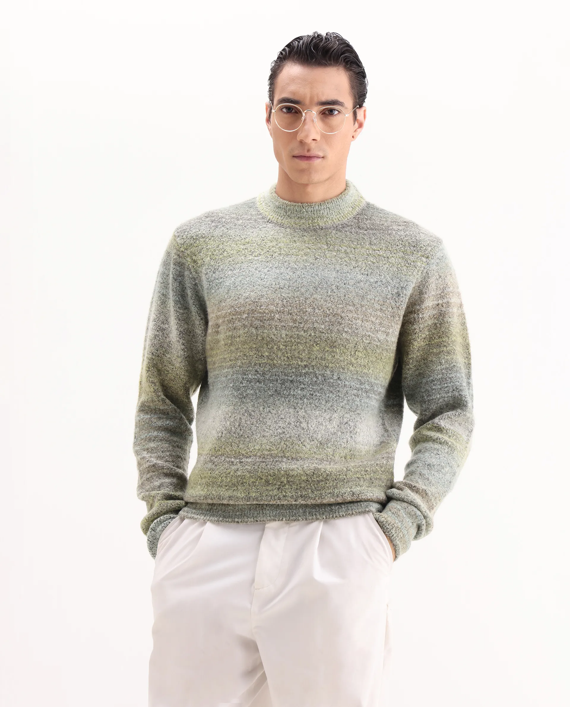 Rare Rabbit Men's Nemot Light Green Acrylic Colorblock Regular Fit Full Sleeve Crew Neck Sweater - Image 8