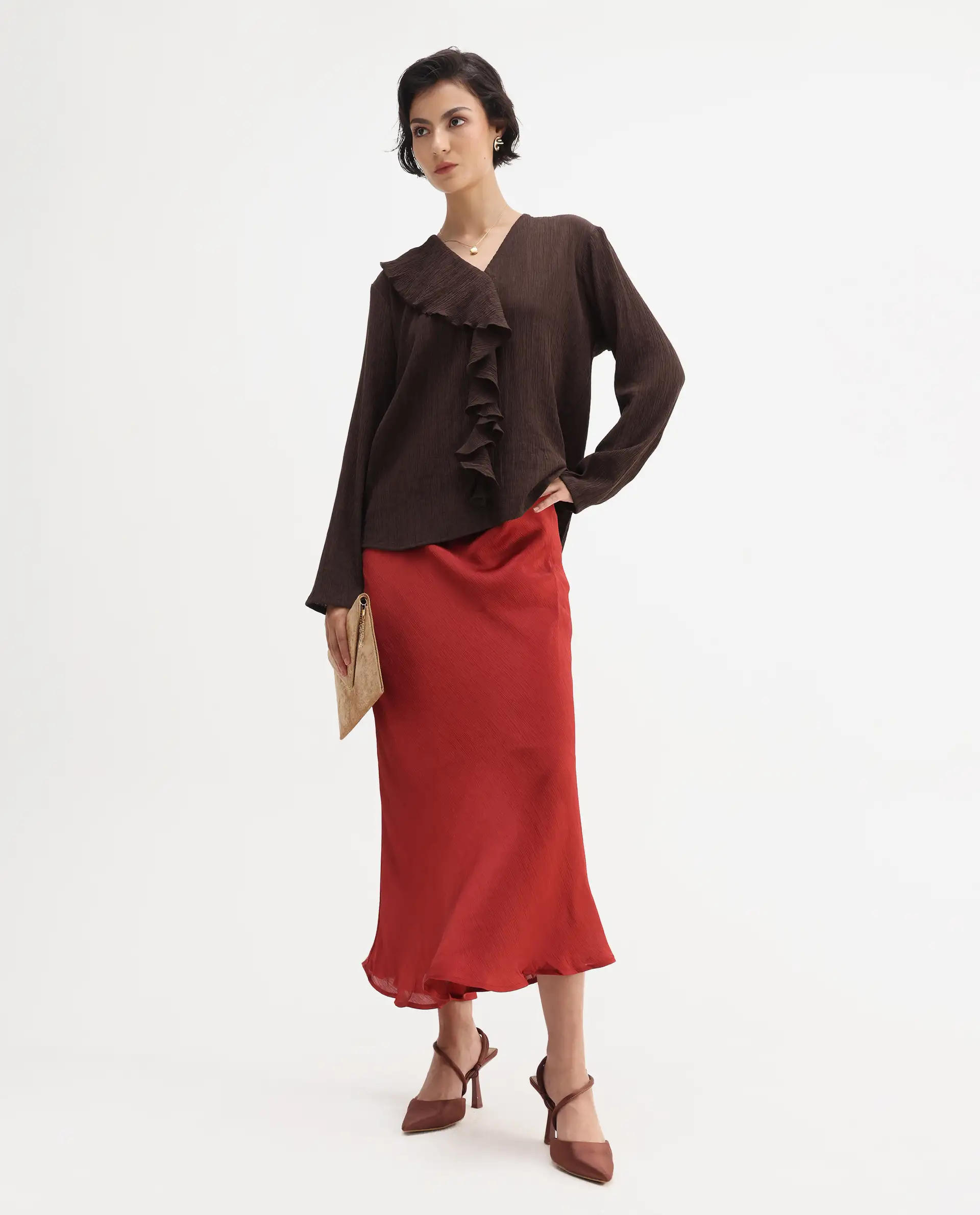 Rareism Women's Nemti-Brown Viscose Blend Ruffled Neck Regular Fit Plain Top - Image 2