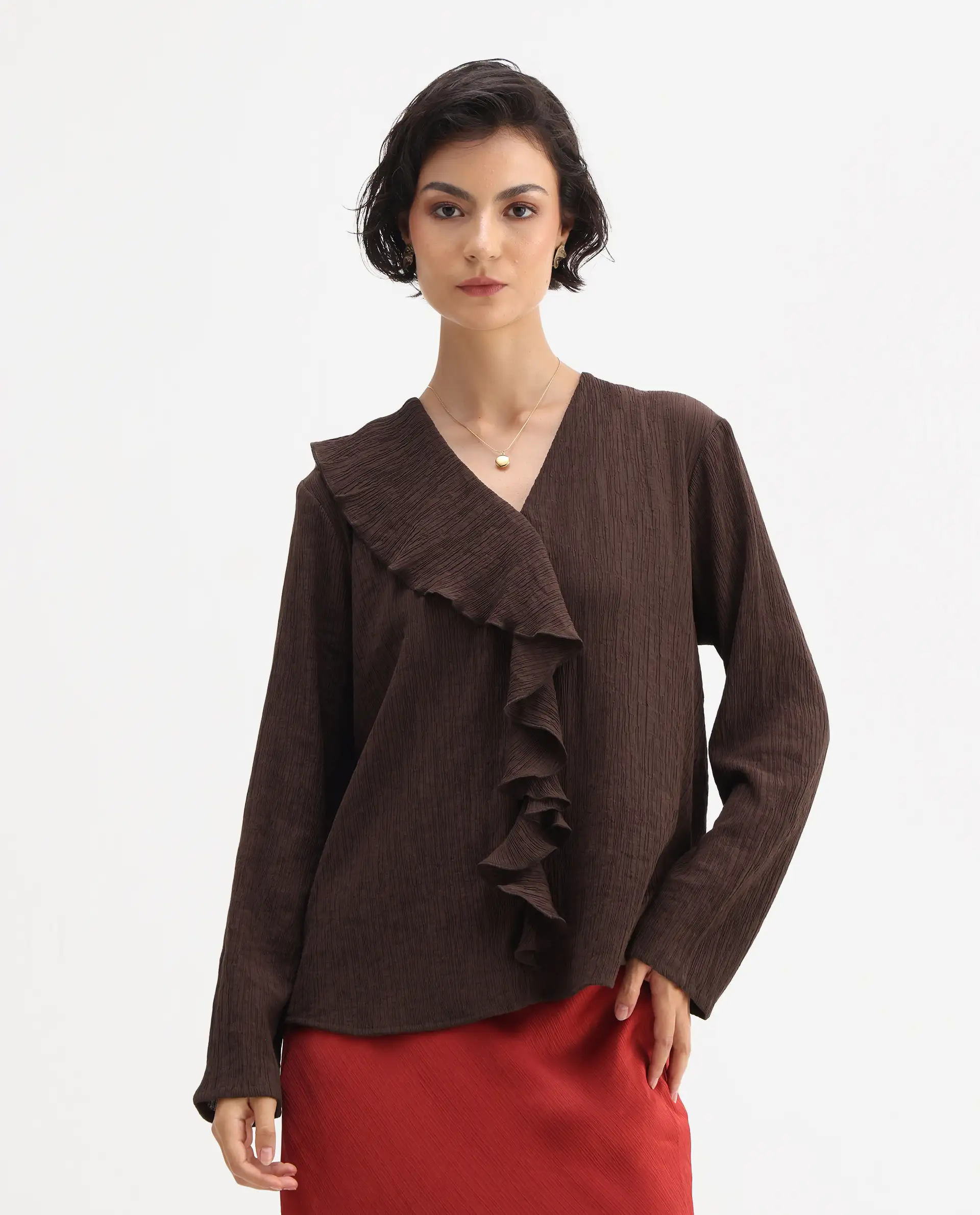 Rareism Women's Nemti-Brown Viscose Blend Ruffled Neck Regular Fit Plain Top - Image 3