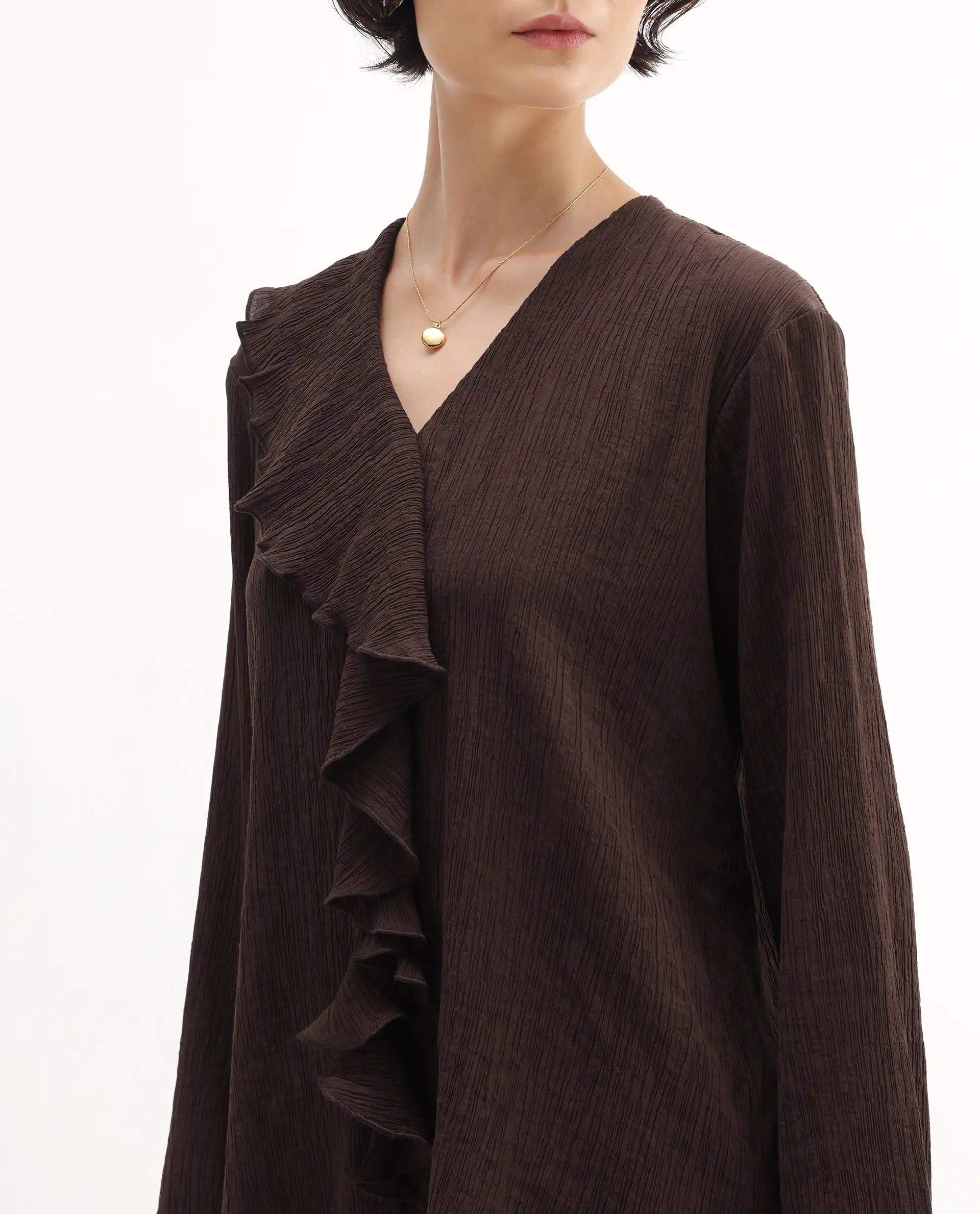 Rareism Women's Nemti-Brown Viscose Blend Ruffled Neck Regular Fit Plain Top - Image 4