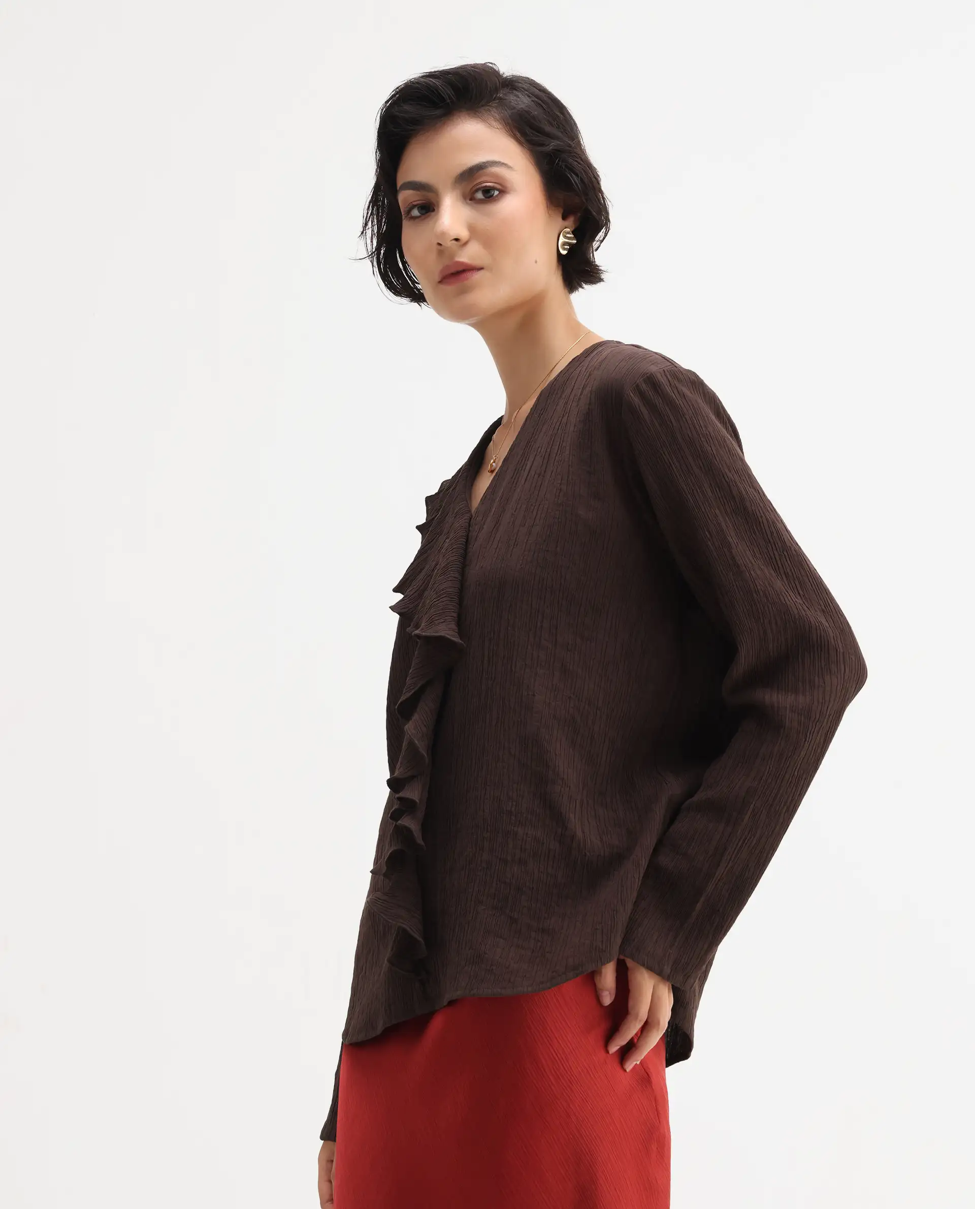 Rareism Women's Nemti-Brown Viscose Blend Ruffled Neck Regular Fit Plain Top - Image 5