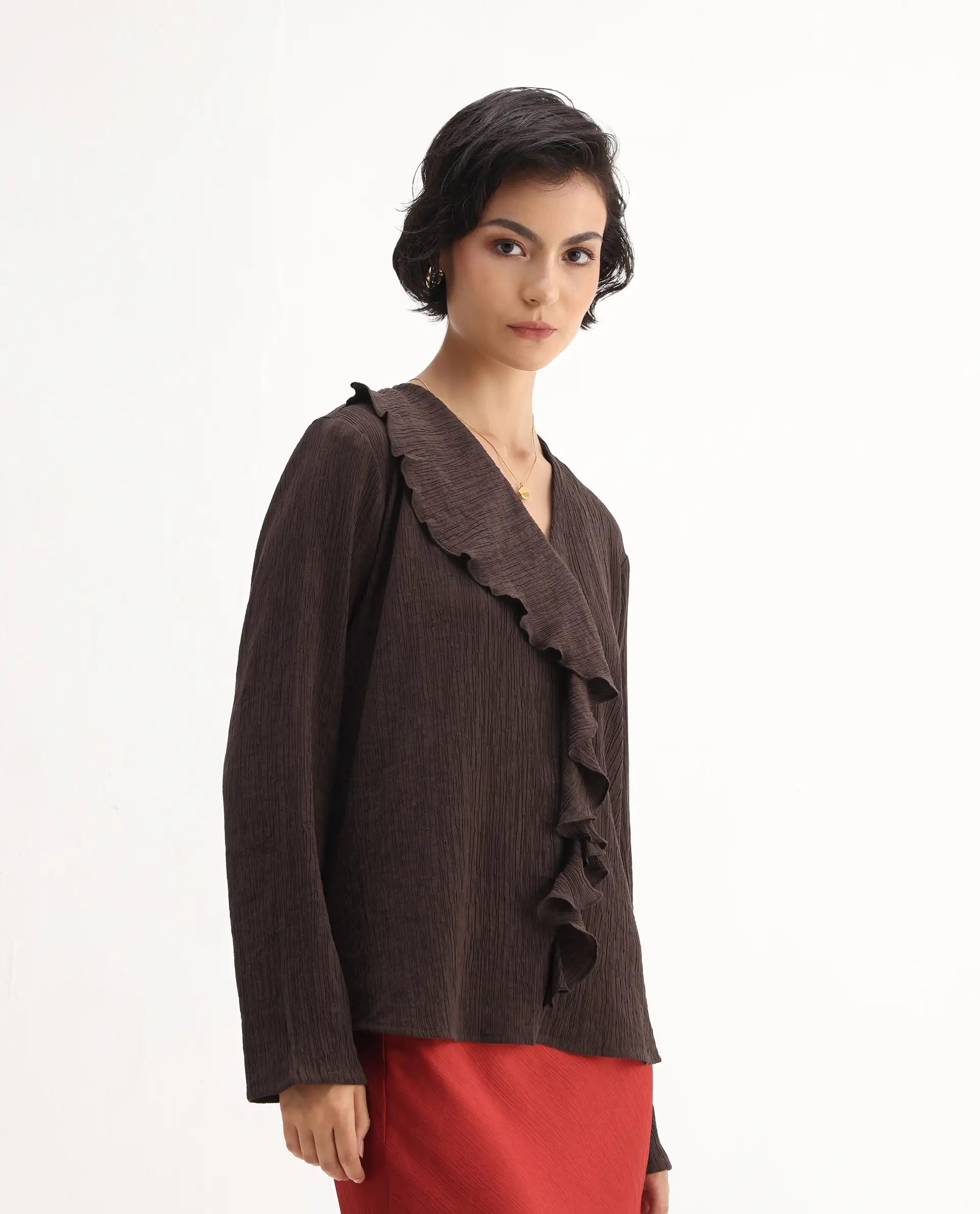 Rareism Women's Nemti-Brown Viscose Blend Ruffled Neck Regular Fit Plain Top - Image 6