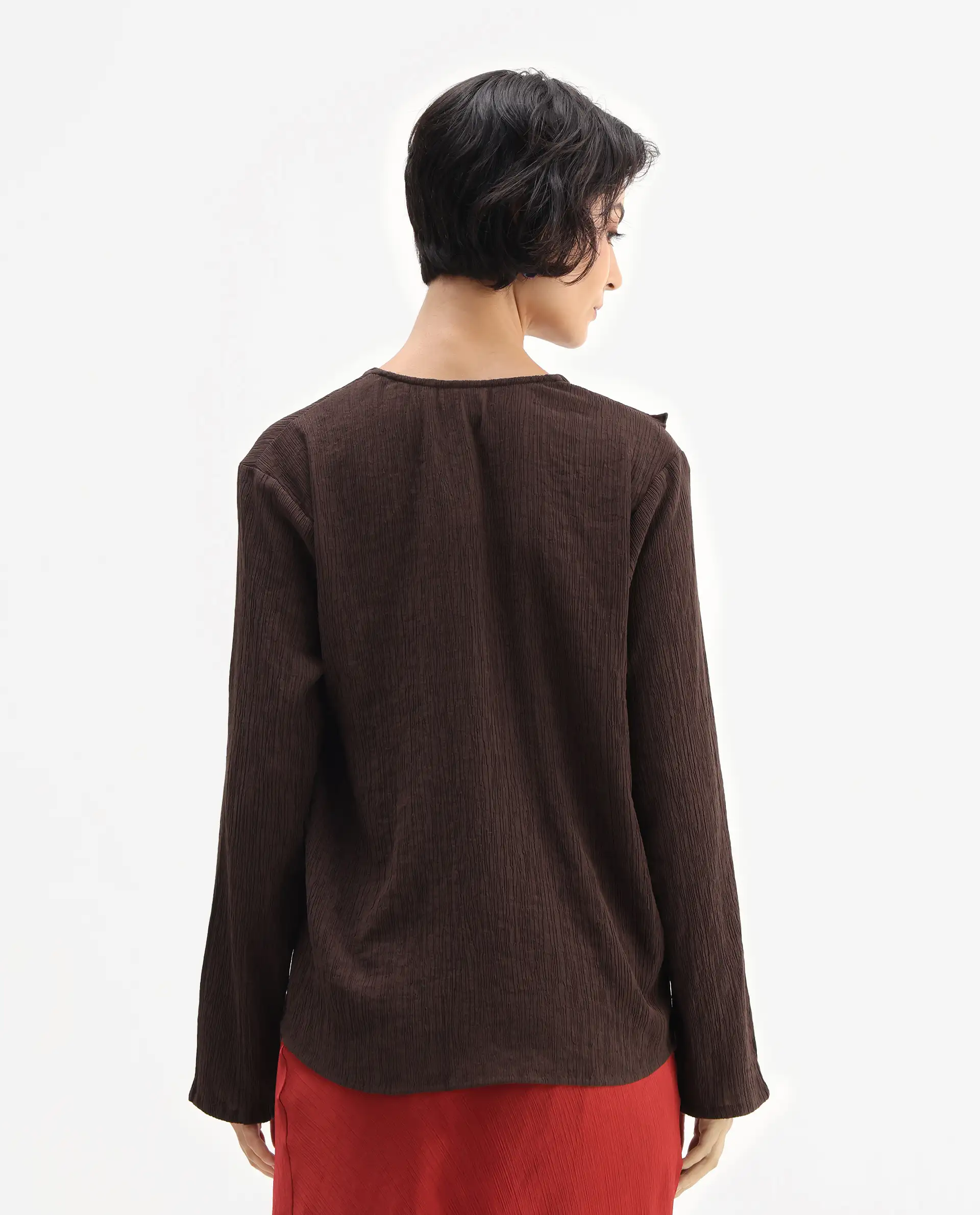 Rareism Women's Nemti-Brown Viscose Blend Ruffled Neck Regular Fit Plain Top - Image 7