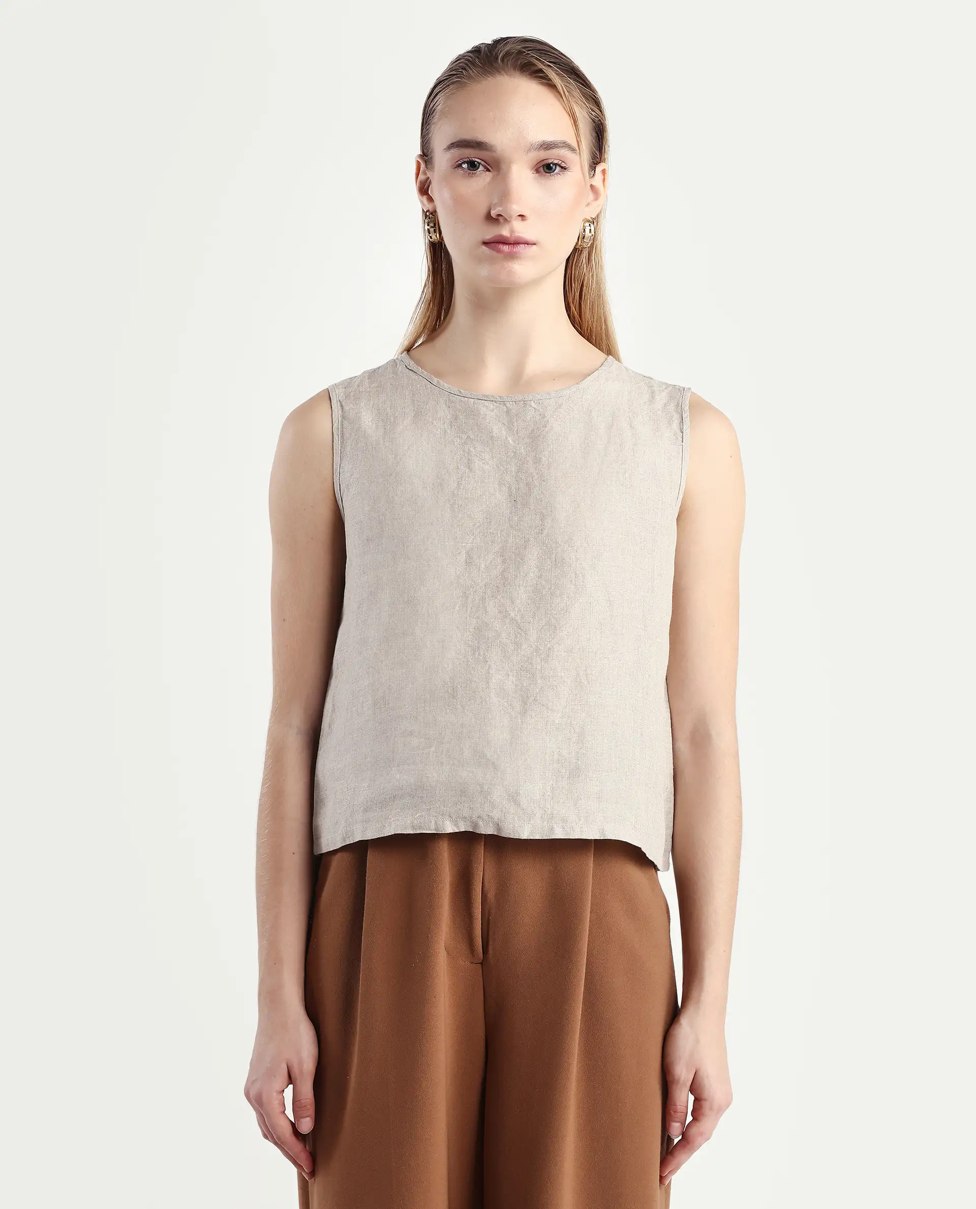 Rareism Women's Nenk Dark Beige 100% Linen Sleeveless Crew Neck Regular Fit Plain Top - Image 3