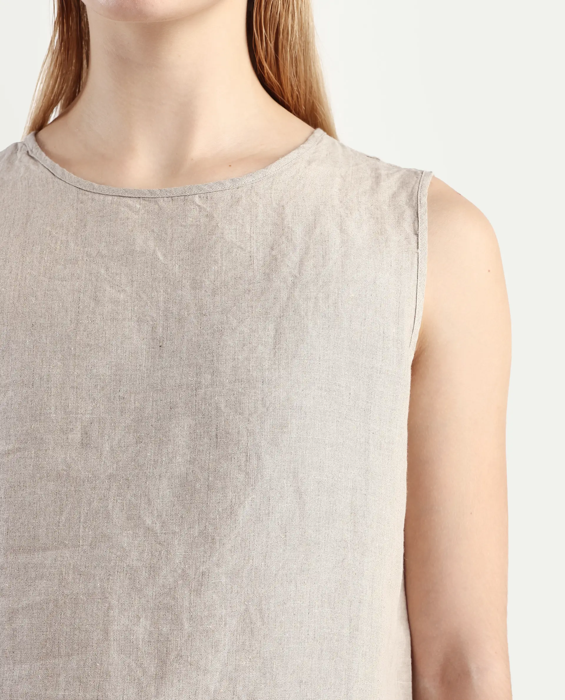 Rareism Women's Nenk Dark Beige 100% Linen Sleeveless Crew Neck Regular Fit Plain Top - Image 4