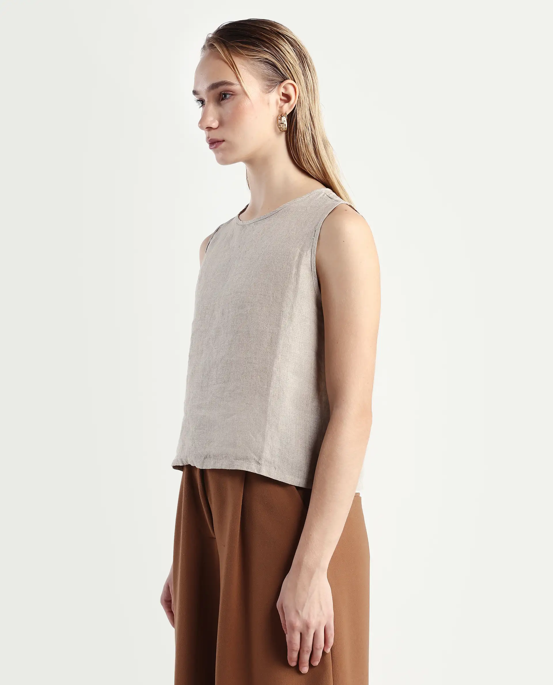 Rareism Women's Nenk Dark Beige 100% Linen Sleeveless Crew Neck Regular Fit Plain Top - Image 5