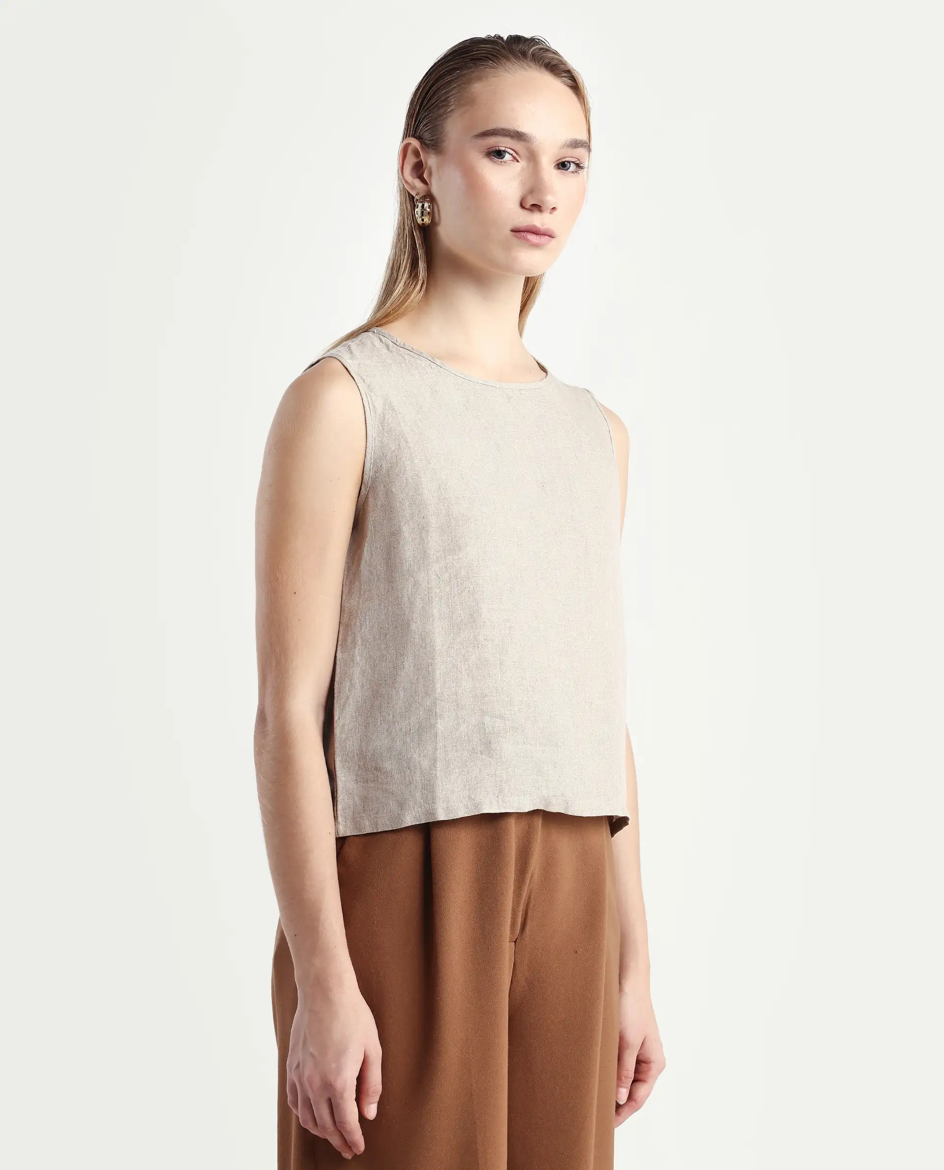 Rareism Women's Nenk Dark Beige 100% Linen Sleeveless Crew Neck Regular Fit Plain Top - Image 6