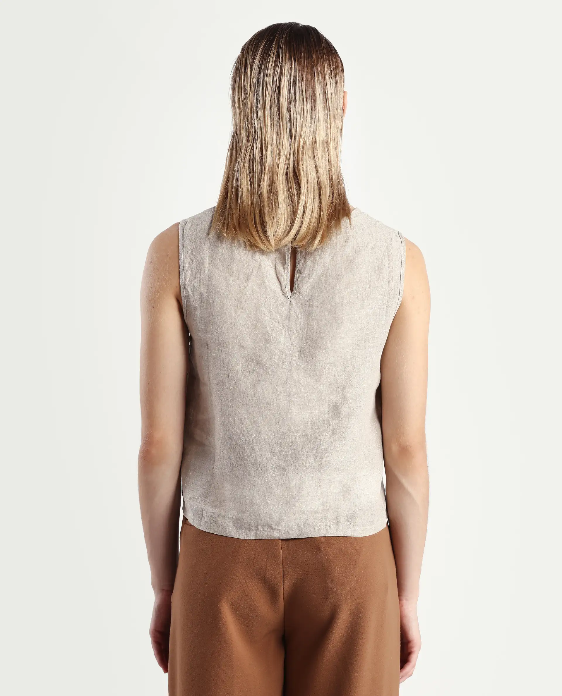 Rareism Women's Nenk Dark Beige 100% Linen Sleeveless Crew Neck Regular Fit Plain Top - Image 7