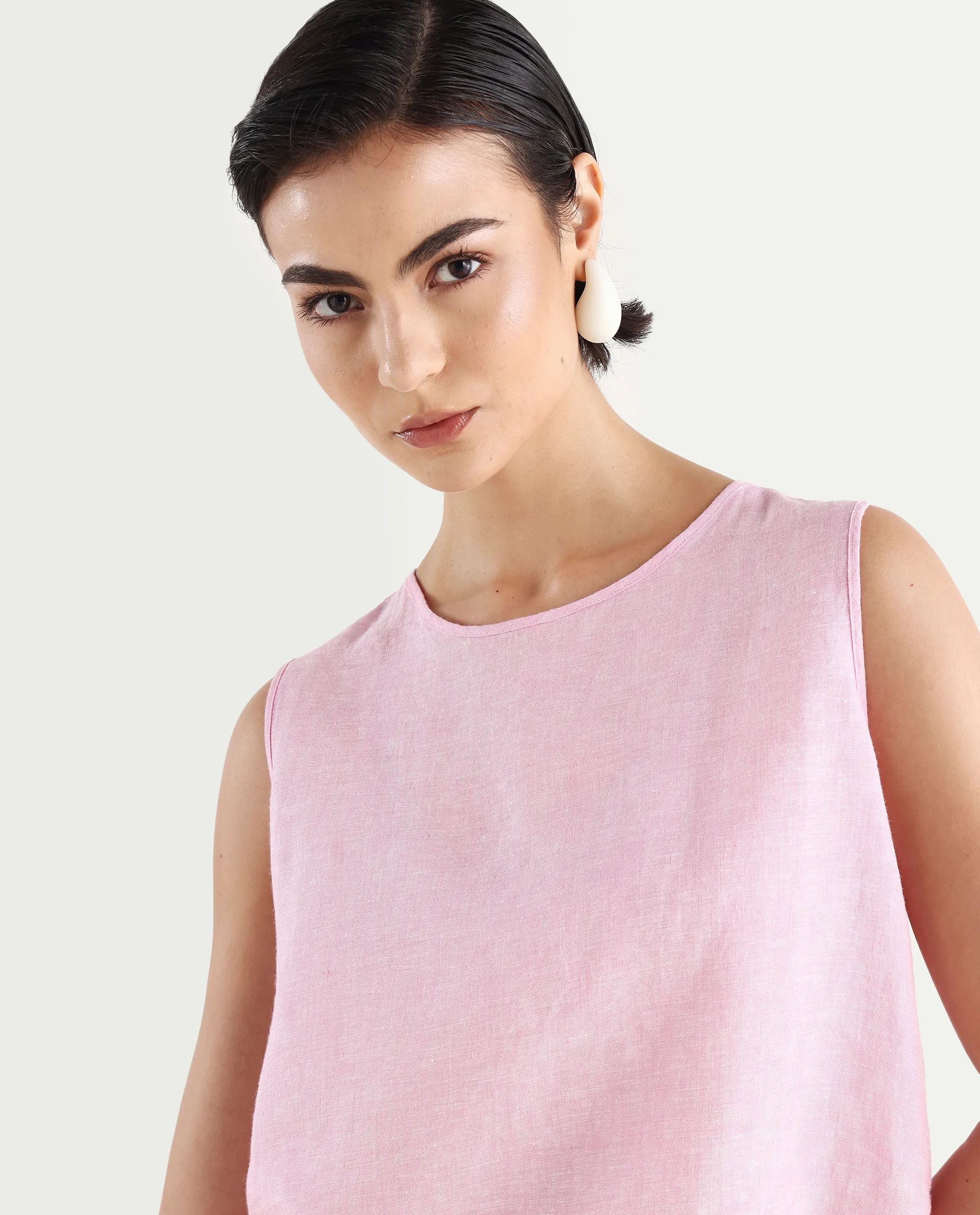 Rareism Women's Nenk Light Pink 100% Linen Sleeveless Crew Neck Regular Fit Plain Top - Image 3