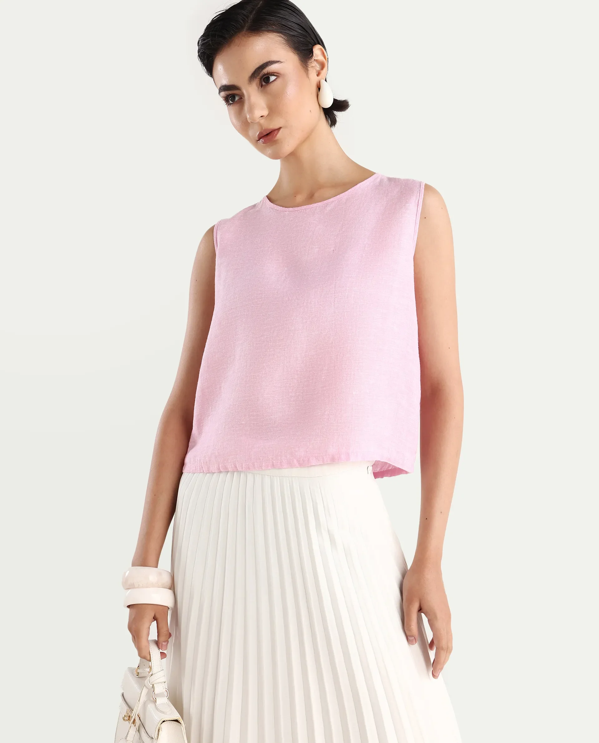 Rareism Women's Nenk Light Pink 100% Linen Sleeveless Crew Neck Regular Fit Plain Top - Image 4