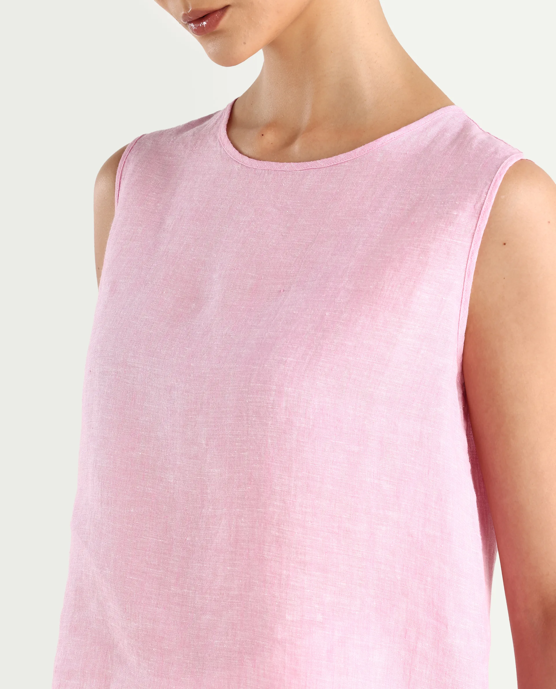 Rareism Women's Nenk Light Pink 100% Linen Sleeveless Crew Neck Regular Fit Plain Top - Image 5