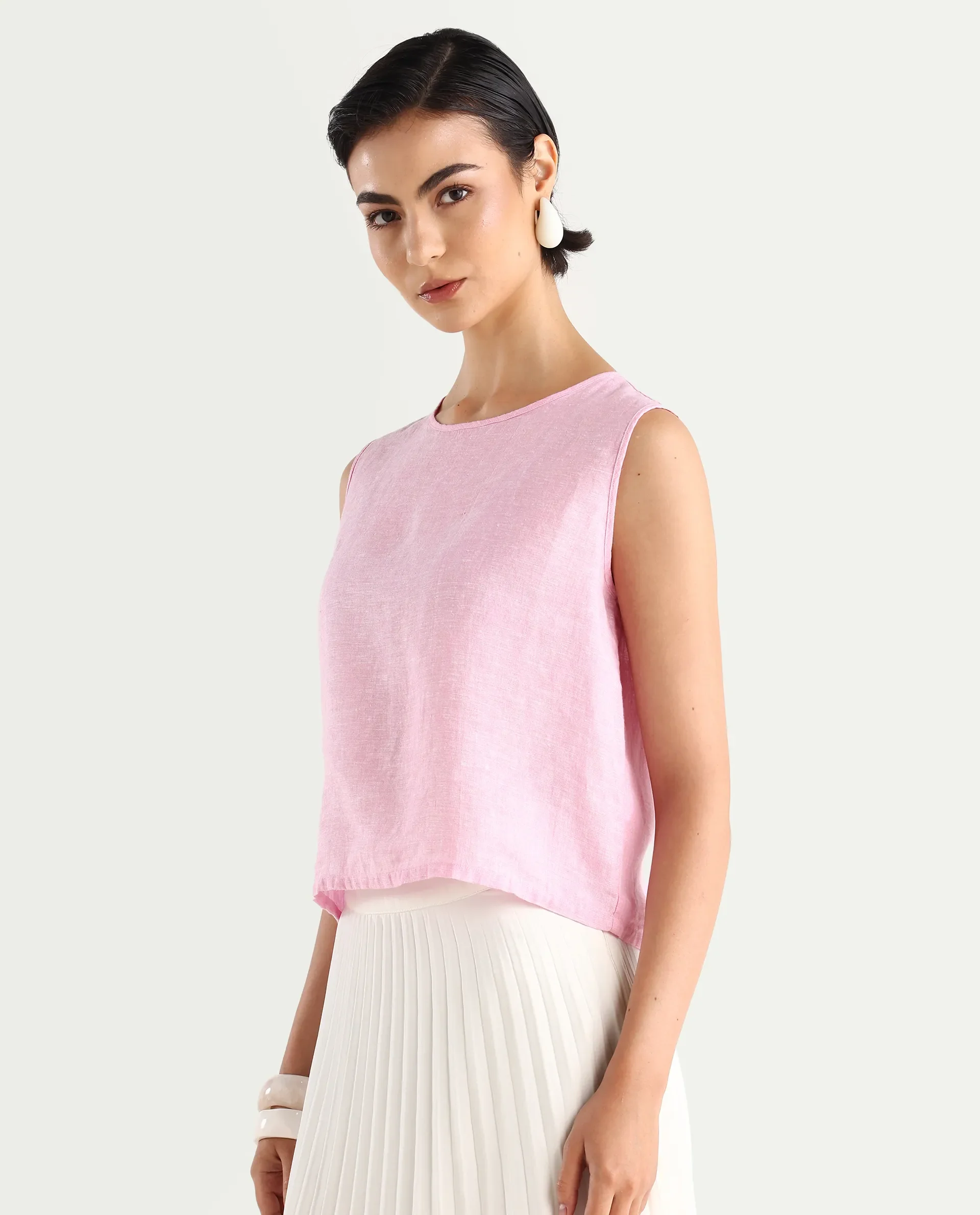 Rareism Women's Nenk Light Pink 100% Linen Sleeveless Crew Neck Regular Fit Plain Top - Image 6