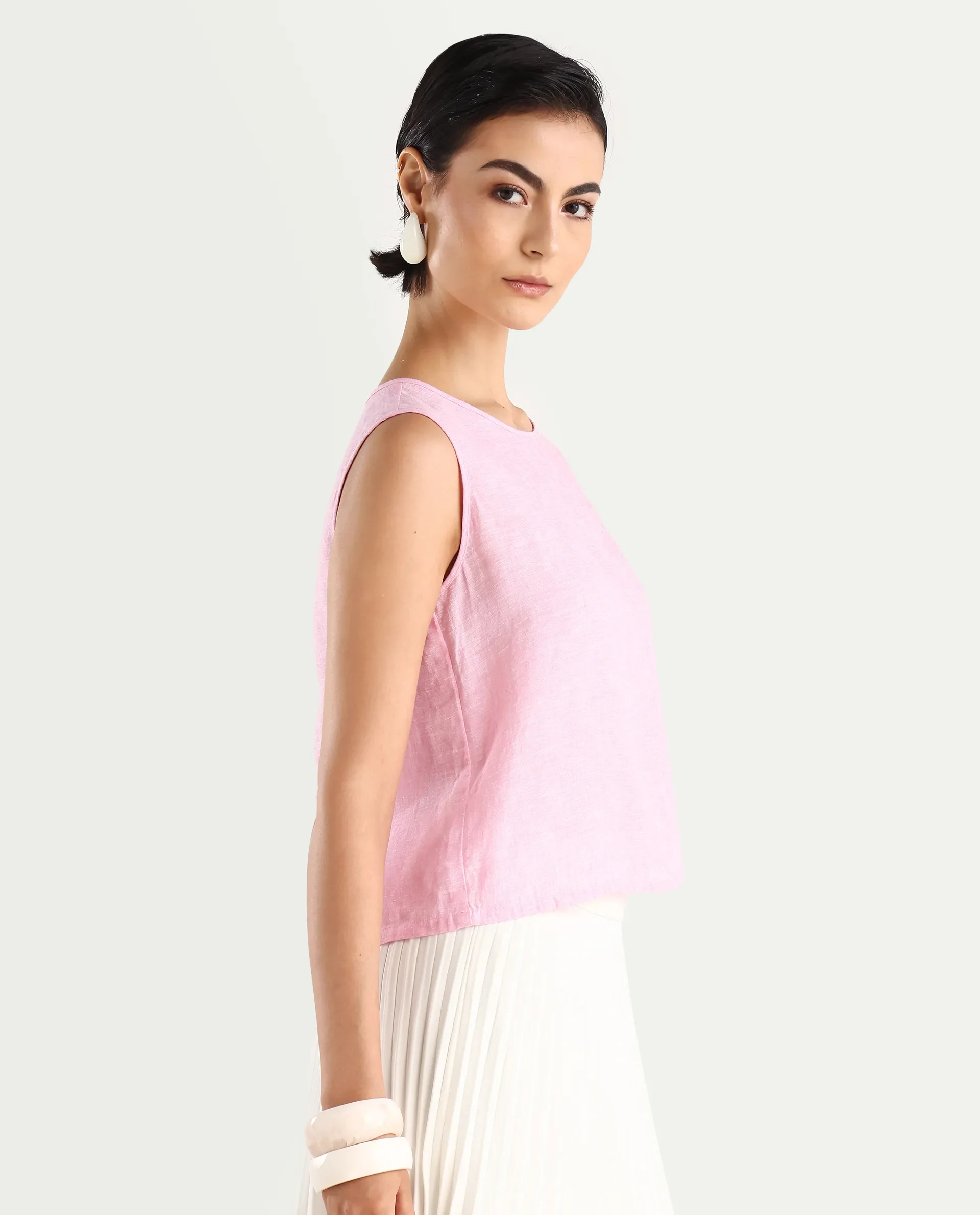 Rareism Women's Nenk Light Pink 100% Linen Sleeveless Crew Neck Regular Fit Plain Top - Image 7