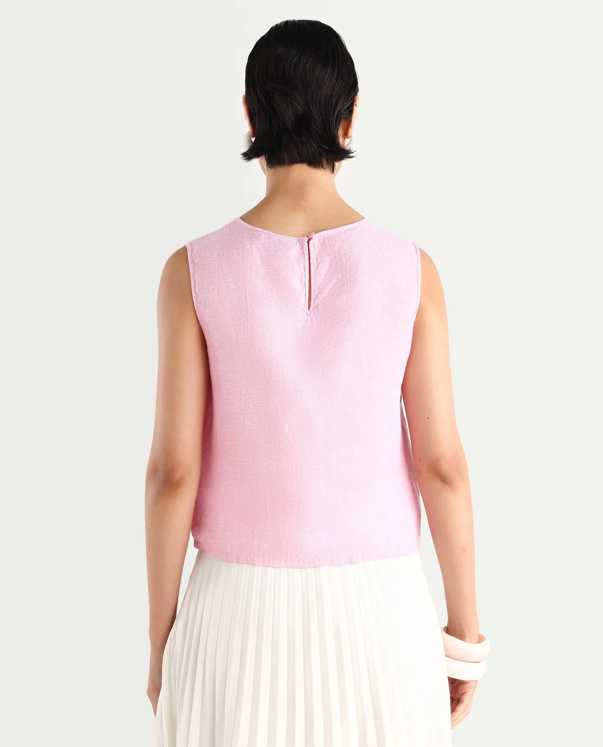 Rareism Women's Nenk Light Pink 100% Linen Sleeveless Crew Neck Regular Fit Plain Top - Image 8