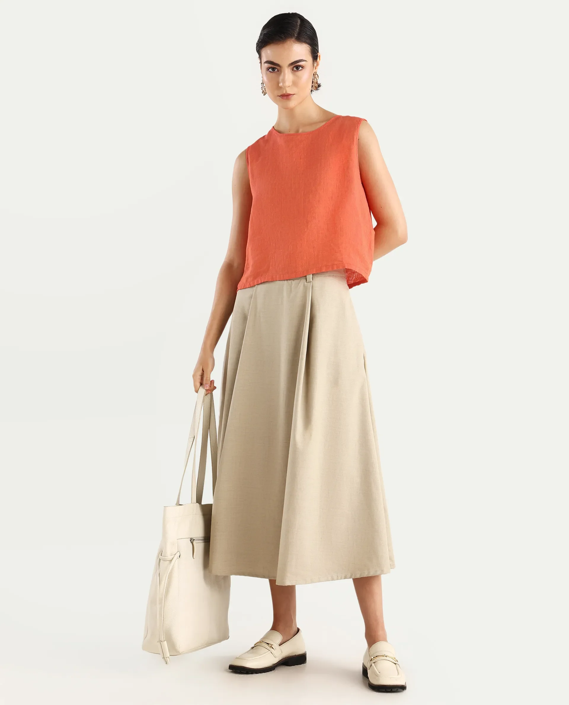 Rareism Women's Nenk Orange 100% Linen Sleeveless Crew Neck Regular Fit Plain Top - Image 2