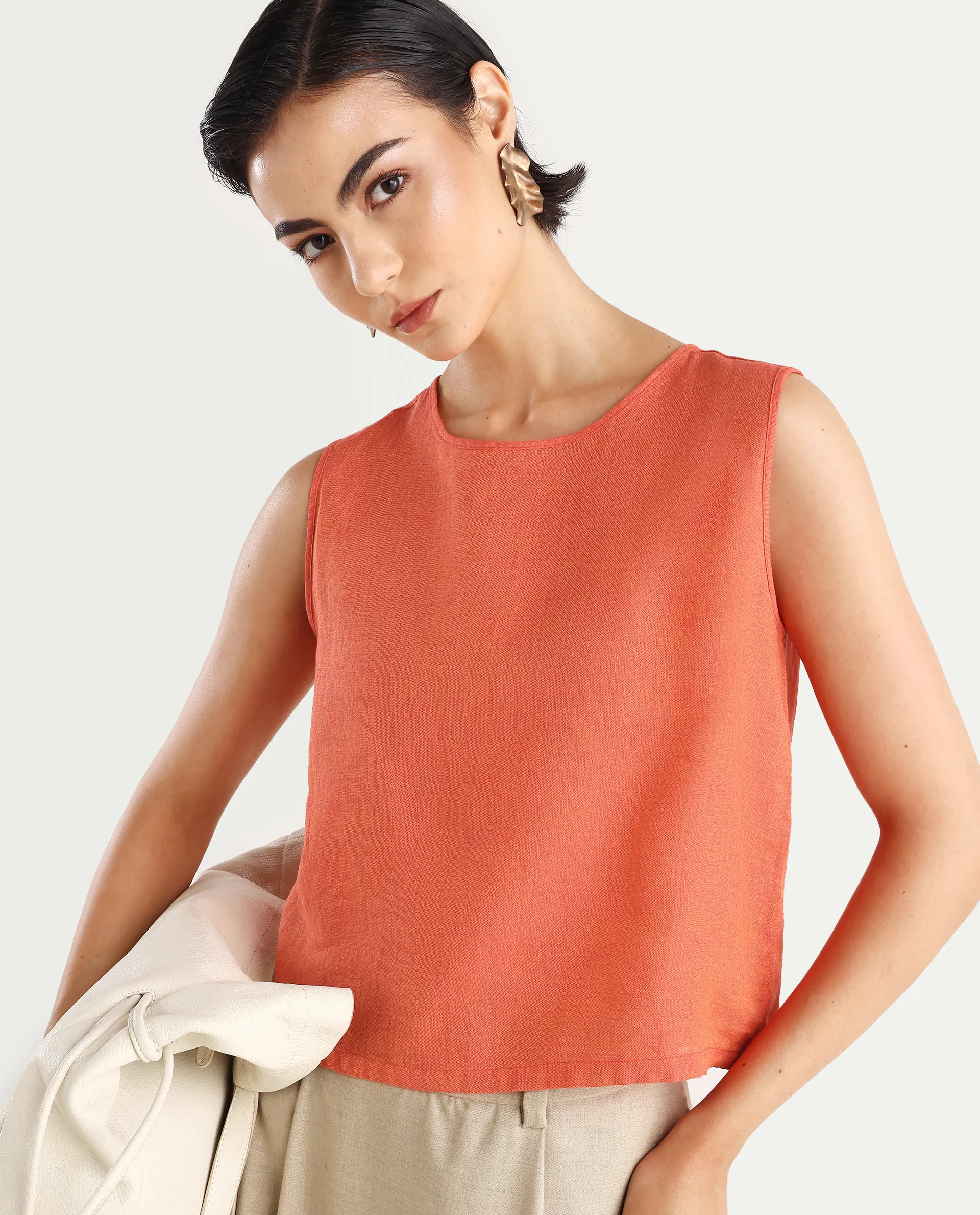 Rareism Women's Nenk Orange 100% Linen Sleeveless Crew Neck Regular Fit Plain Top - Image 3