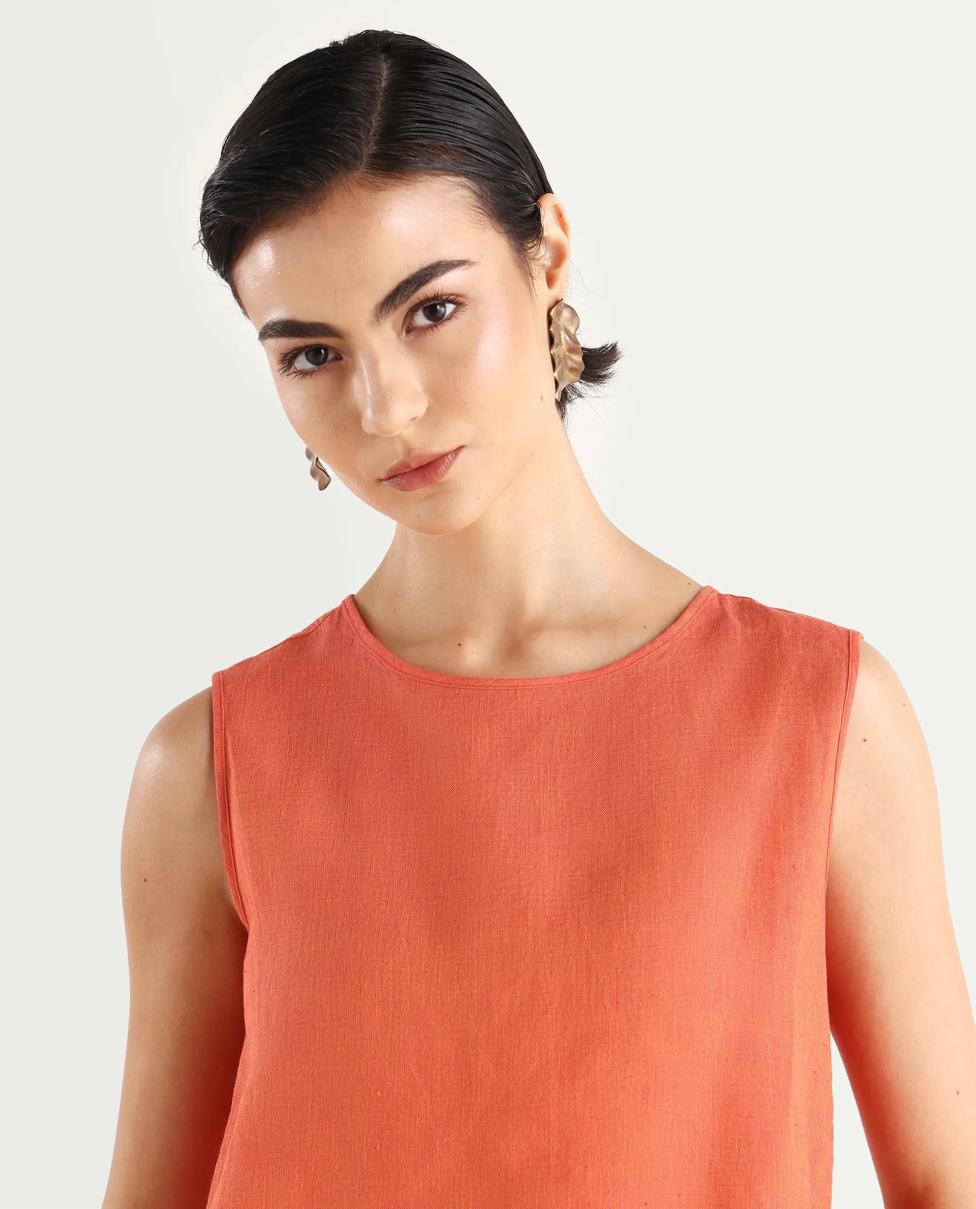 Rareism Women's Nenk Orange 100% Linen Sleeveless Crew Neck Regular Fit Plain Top - Image 4