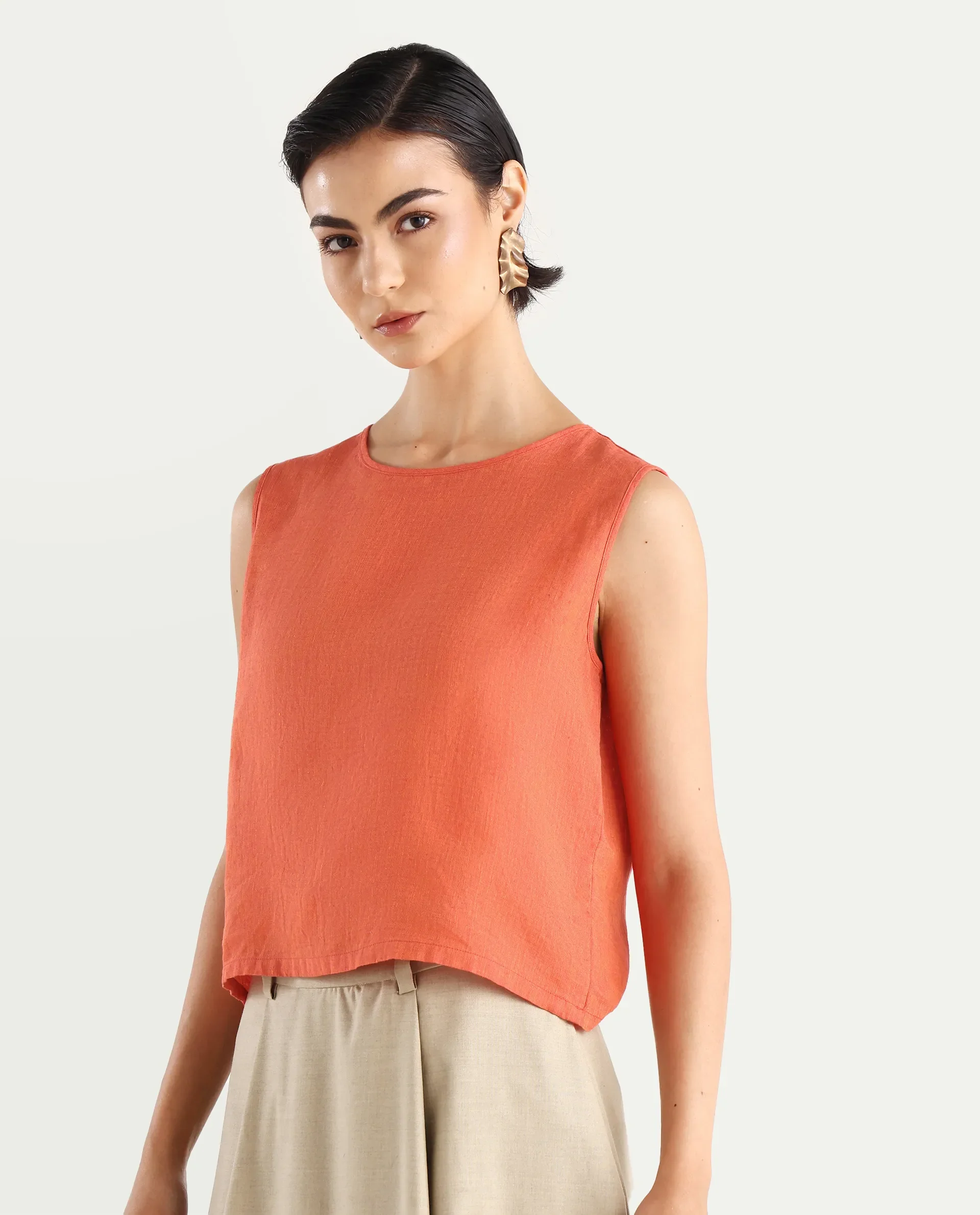 Rareism Women's Nenk Orange 100% Linen Sleeveless Crew Neck Regular Fit Plain Top - Image 5