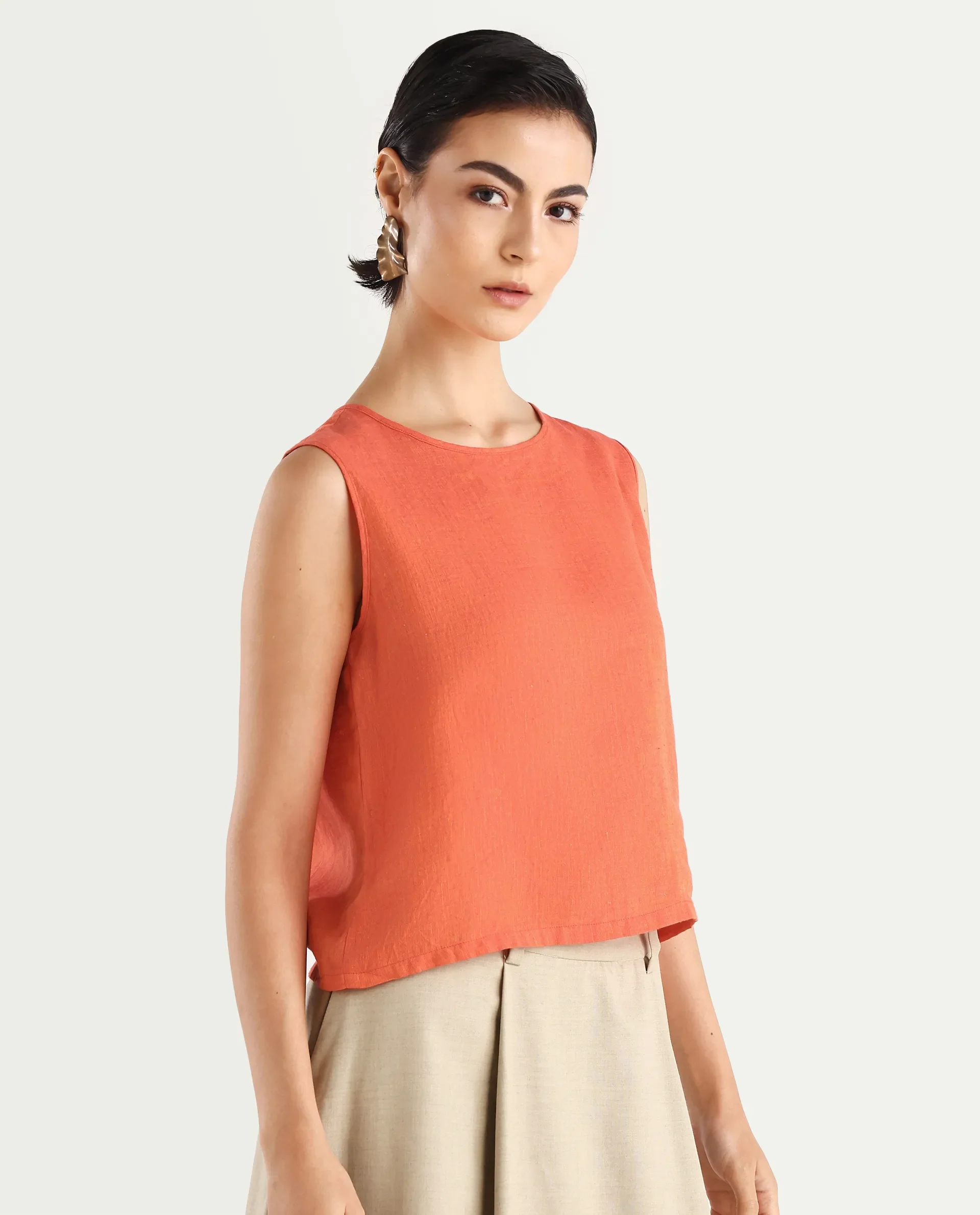 Rareism Women's Nenk Orange 100% Linen Sleeveless Crew Neck Regular Fit Plain Top - Image 6