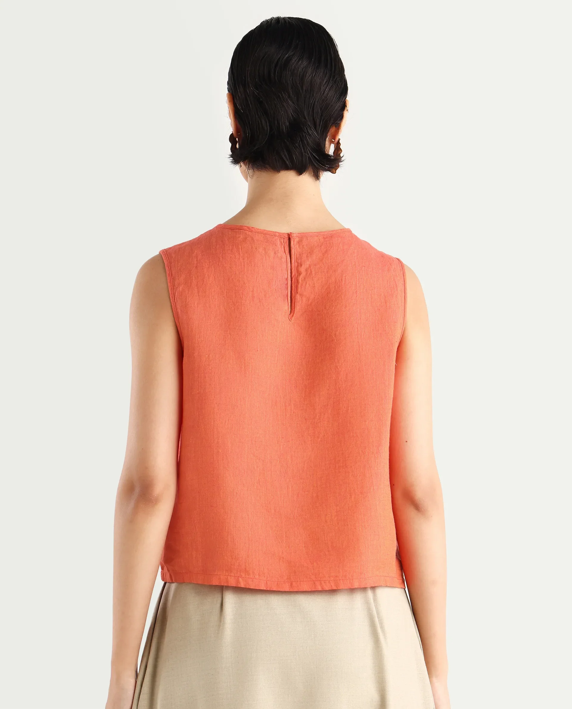 Rareism Women's Nenk Orange 100% Linen Sleeveless Crew Neck Regular Fit Plain Top - Image 7