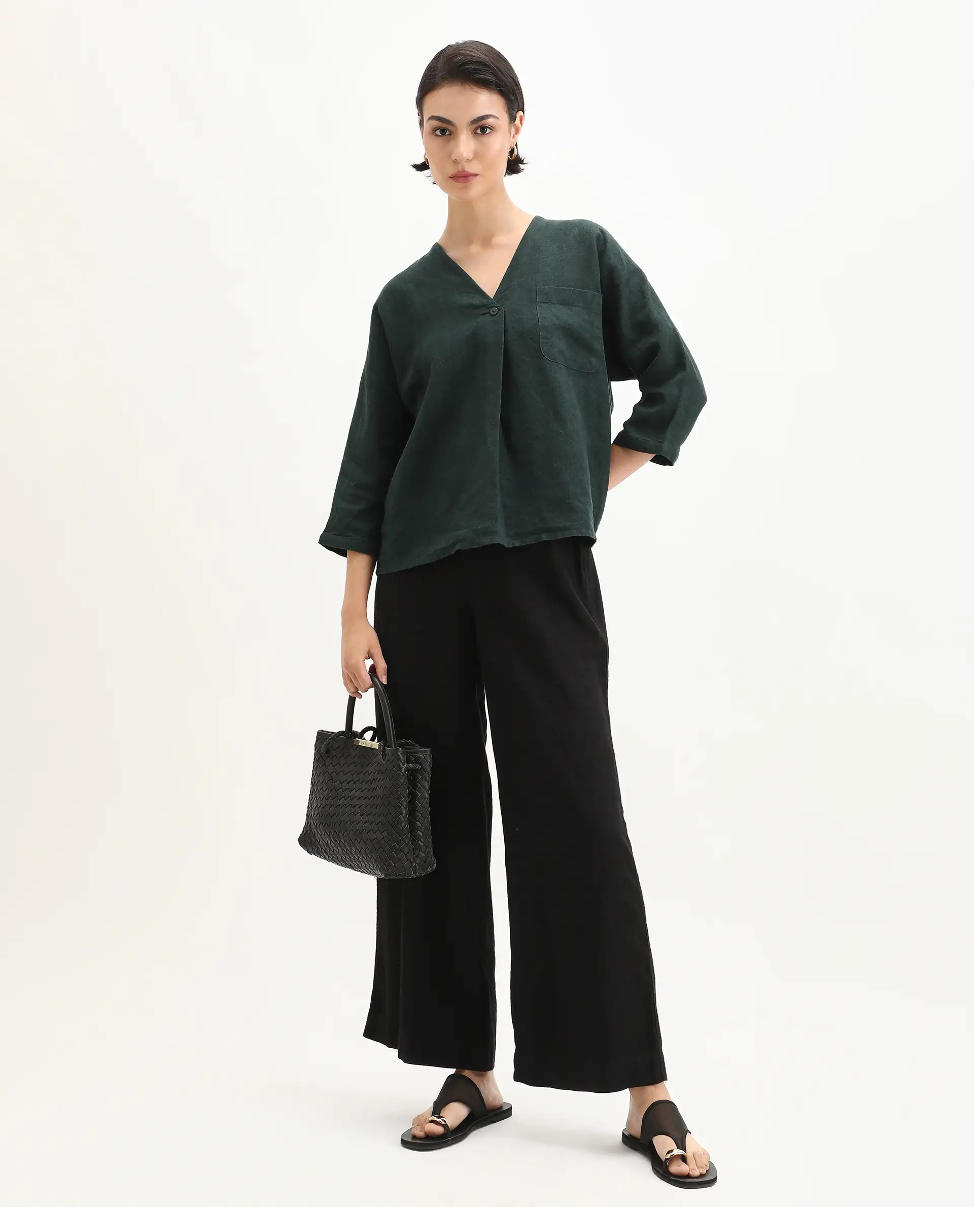 Rareism Women's Nenma Dark Green 100% Linen Kimono Sleeve V-Neck Relaxed Fit Plain Top - Image 2