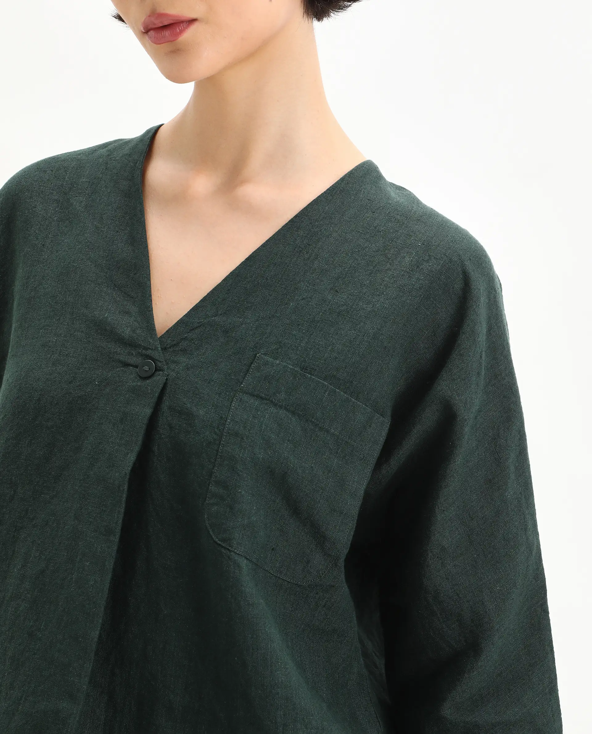 Rareism Women's Nenma Dark Green 100% Linen Kimono Sleeve V-Neck Relaxed Fit Plain Top - Image 3