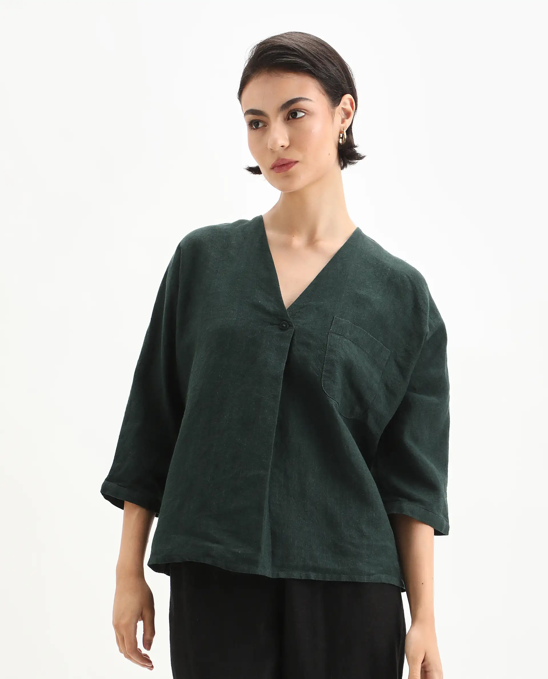Rareism Women's Nenma Dark Green 100% Linen Kimono Sleeve V-Neck Relaxed Fit Plain Top - Image 4