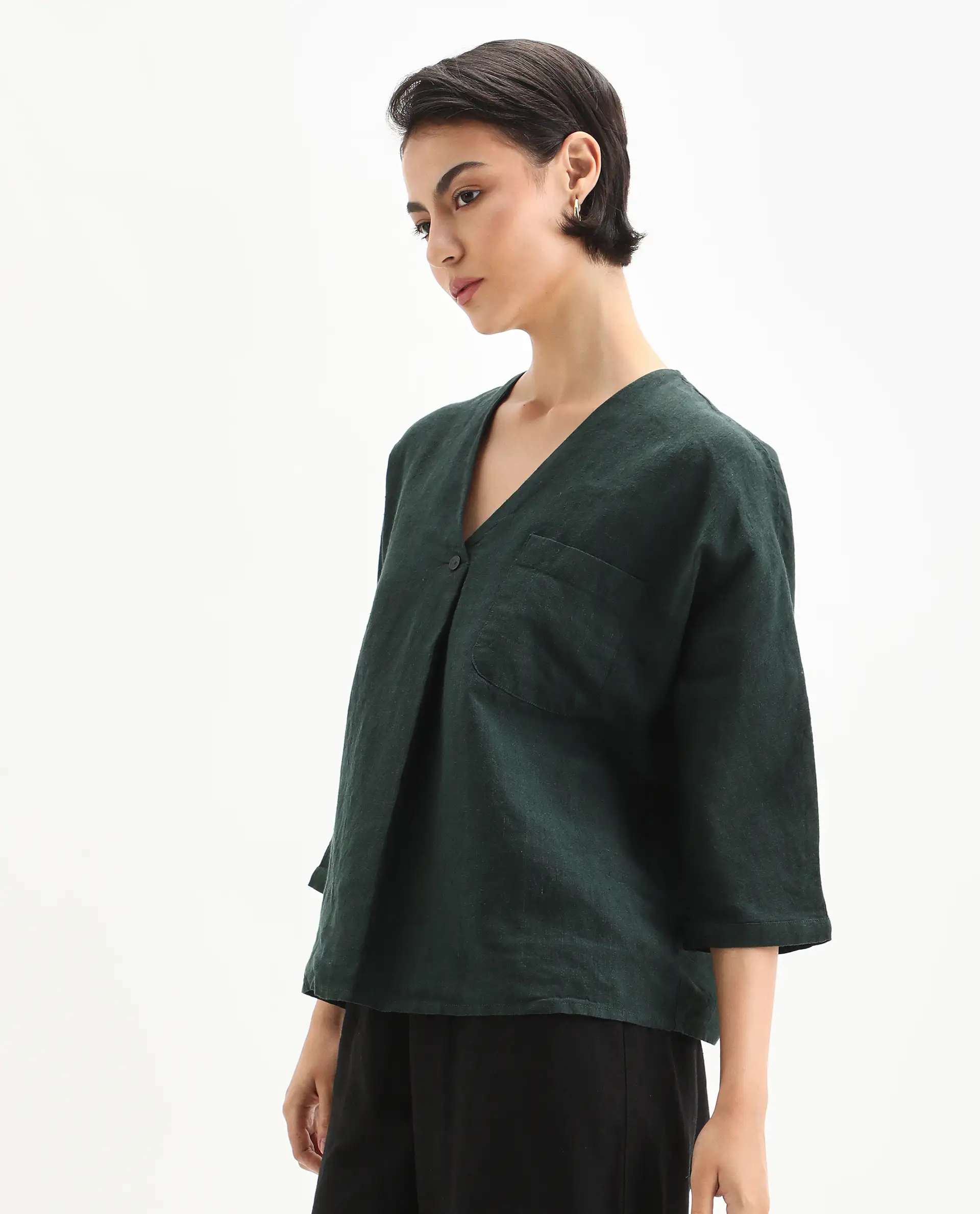 Rareism Women's Nenma Dark Green 100% Linen Kimono Sleeve V-Neck Relaxed Fit Plain Top - Image 5