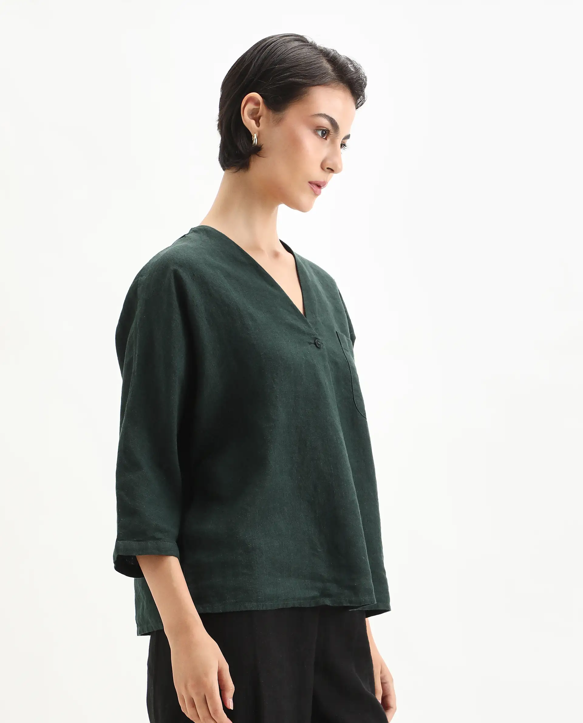 Rareism Women's Nenma Dark Green 100% Linen Kimono Sleeve V-Neck Relaxed Fit Plain Top - Image 6