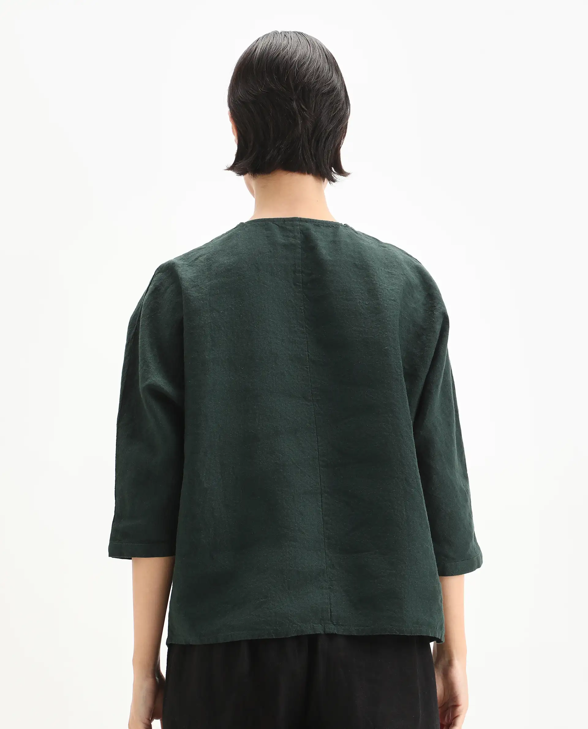 Rareism Women's Nenma Dark Green 100% Linen Kimono Sleeve V-Neck Relaxed Fit Plain Top - Image 7