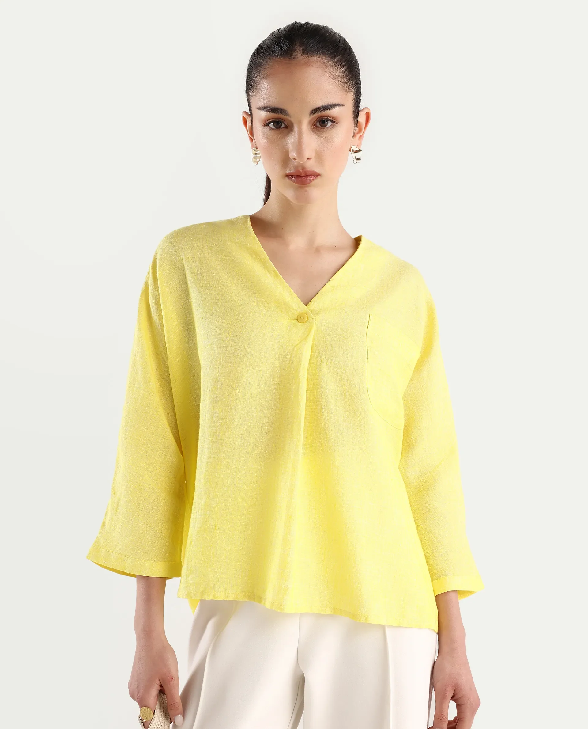 Rareism Women's Nenma Yellow 100% Linen Kimono Sleeve V-Neck Plain Top