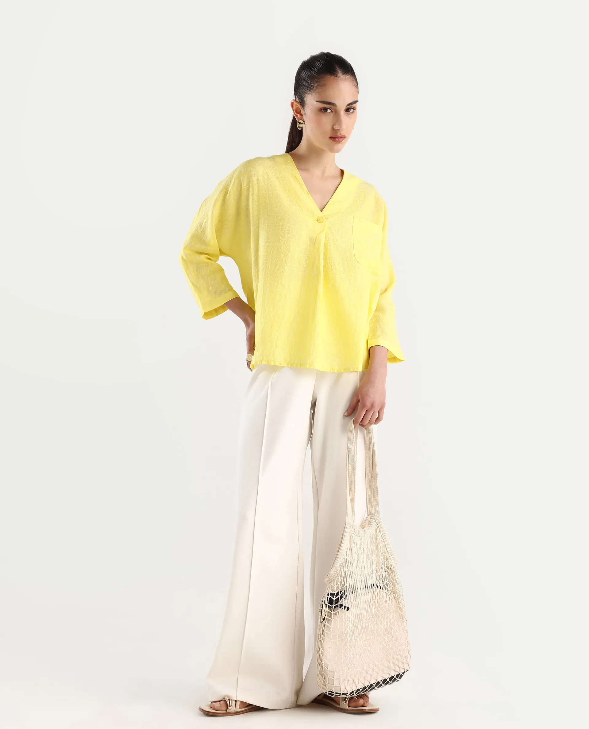 Rareism Women's Nenma Yellow 100% Linen Kimono Sleeve V-Neck Plain Top - Image 2