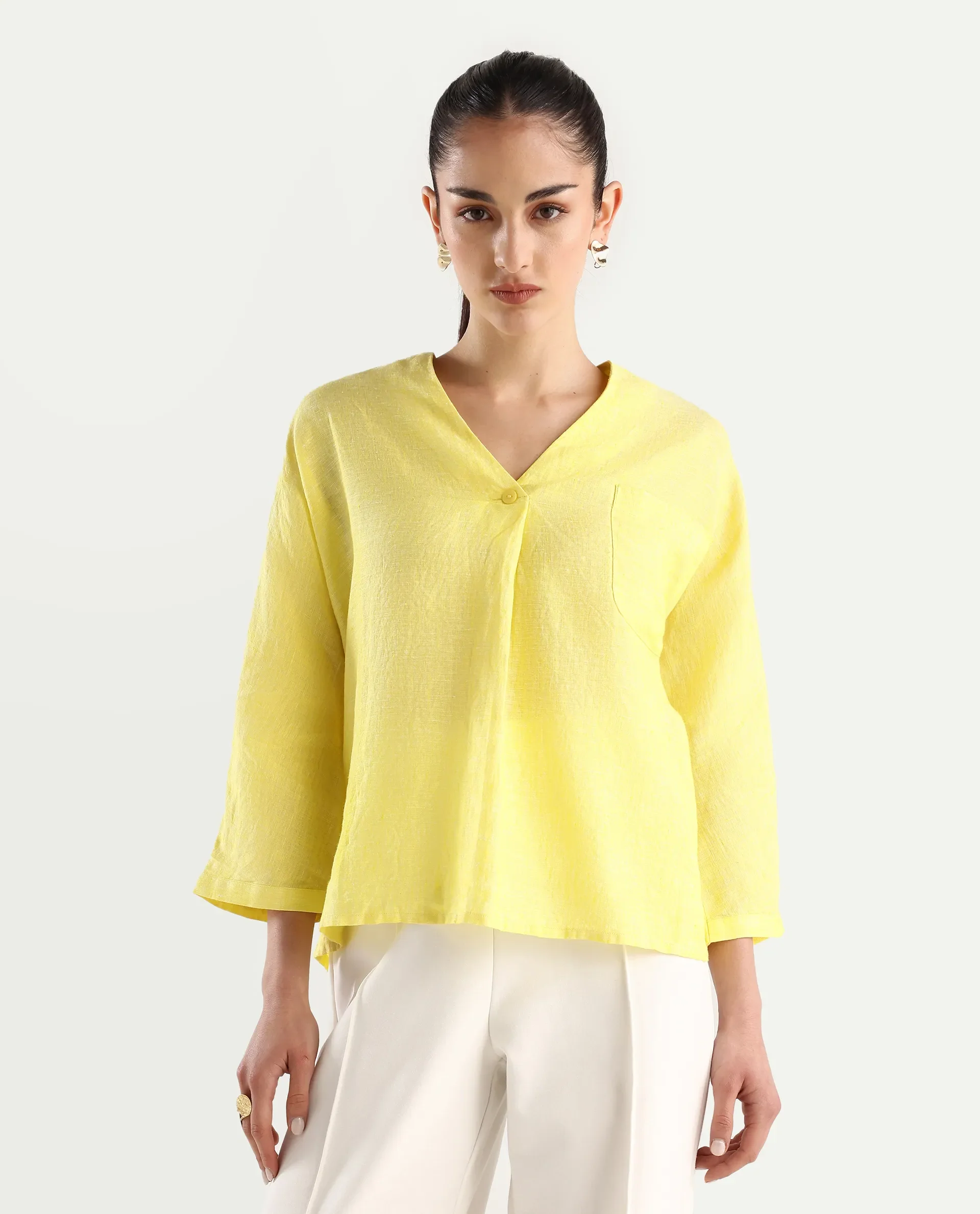 Rareism Women's Nenma Yellow 100% Linen Kimono Sleeve V-Neck Plain Top - Image 3