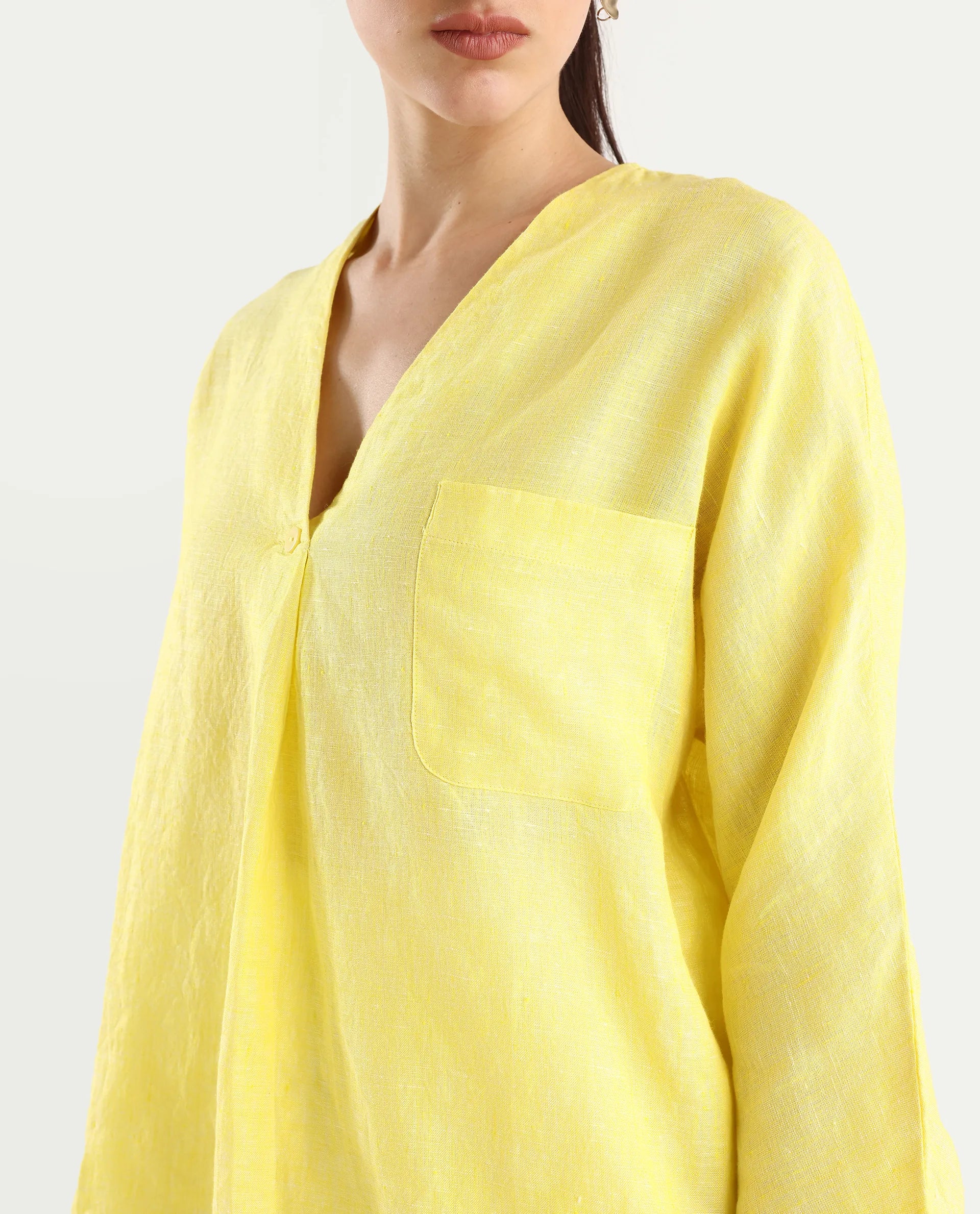 Rareism Women's Nenma Yellow 100% Linen Kimono Sleeve V-Neck Plain Top - Image 4