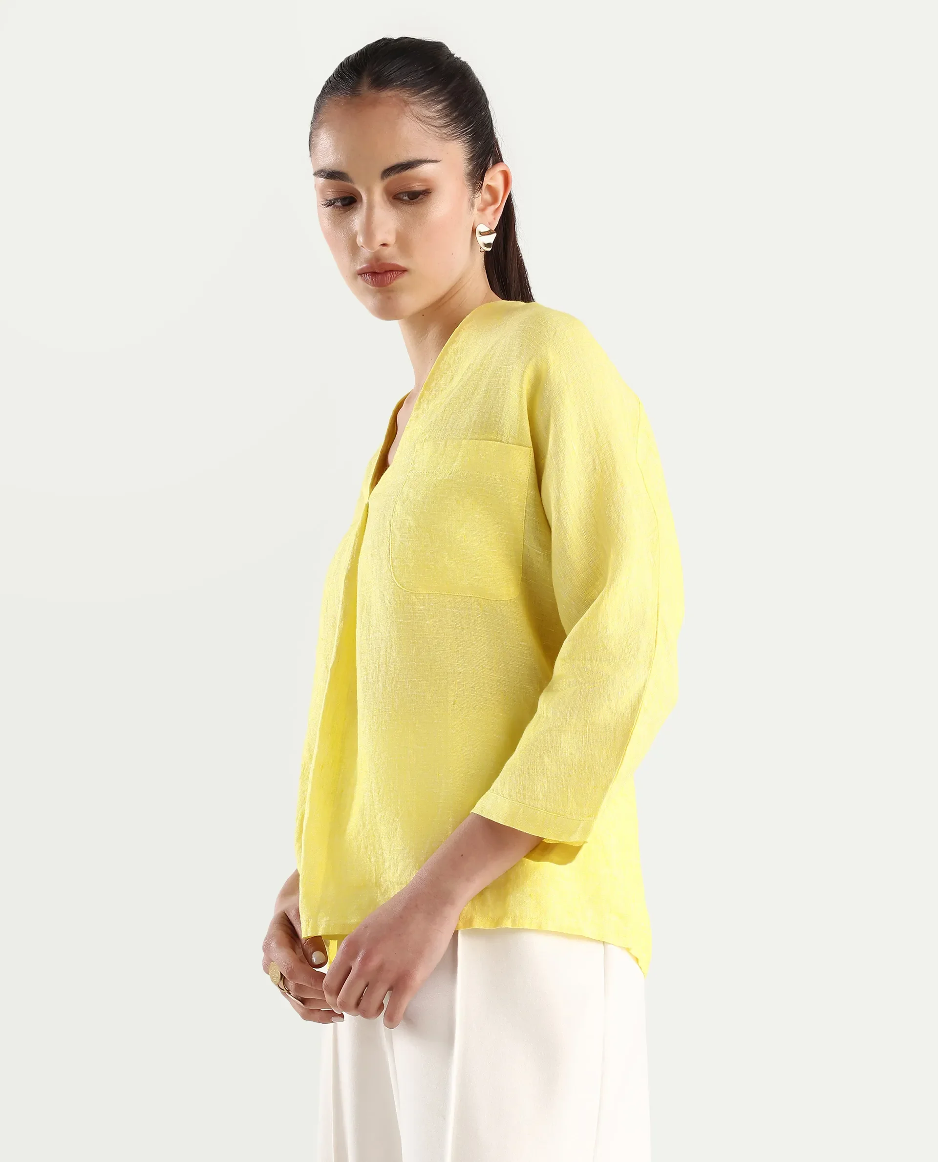 Rareism Women's Nenma Yellow 100% Linen Kimono Sleeve V-Neck Plain Top - Image 5