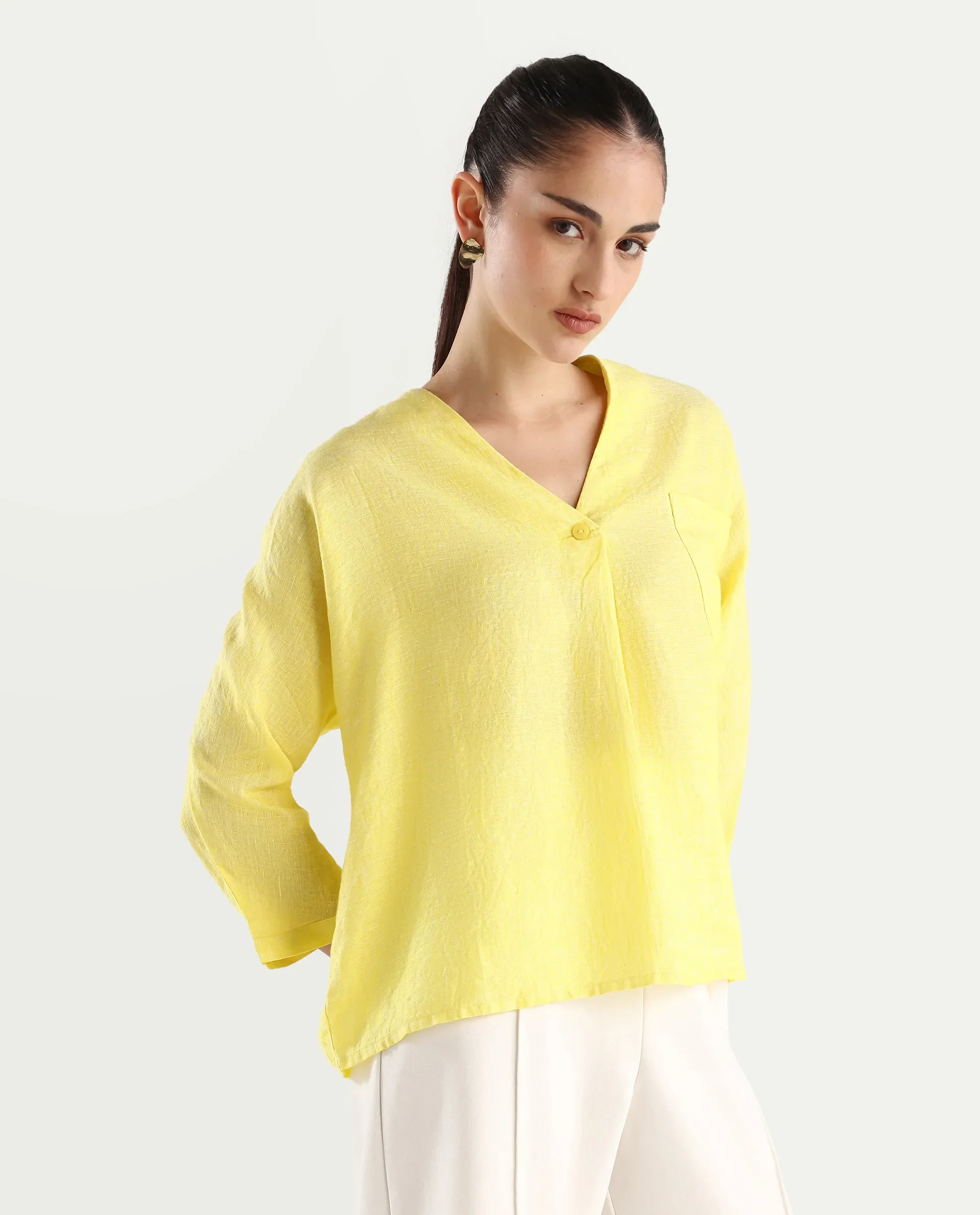 Rareism Women's Nenma Yellow 100% Linen Kimono Sleeve V-Neck Plain Top - Image 6