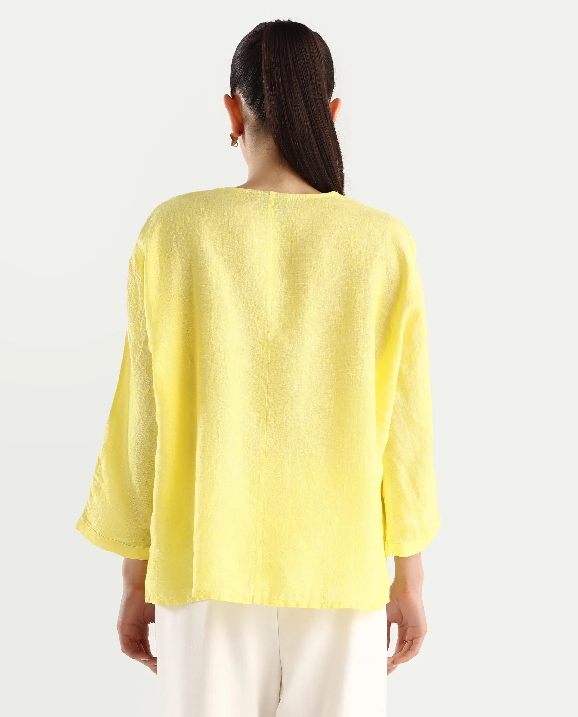 Rareism Women's Nenma Yellow 100% Linen Kimono Sleeve V-Neck Plain Top - Image 7