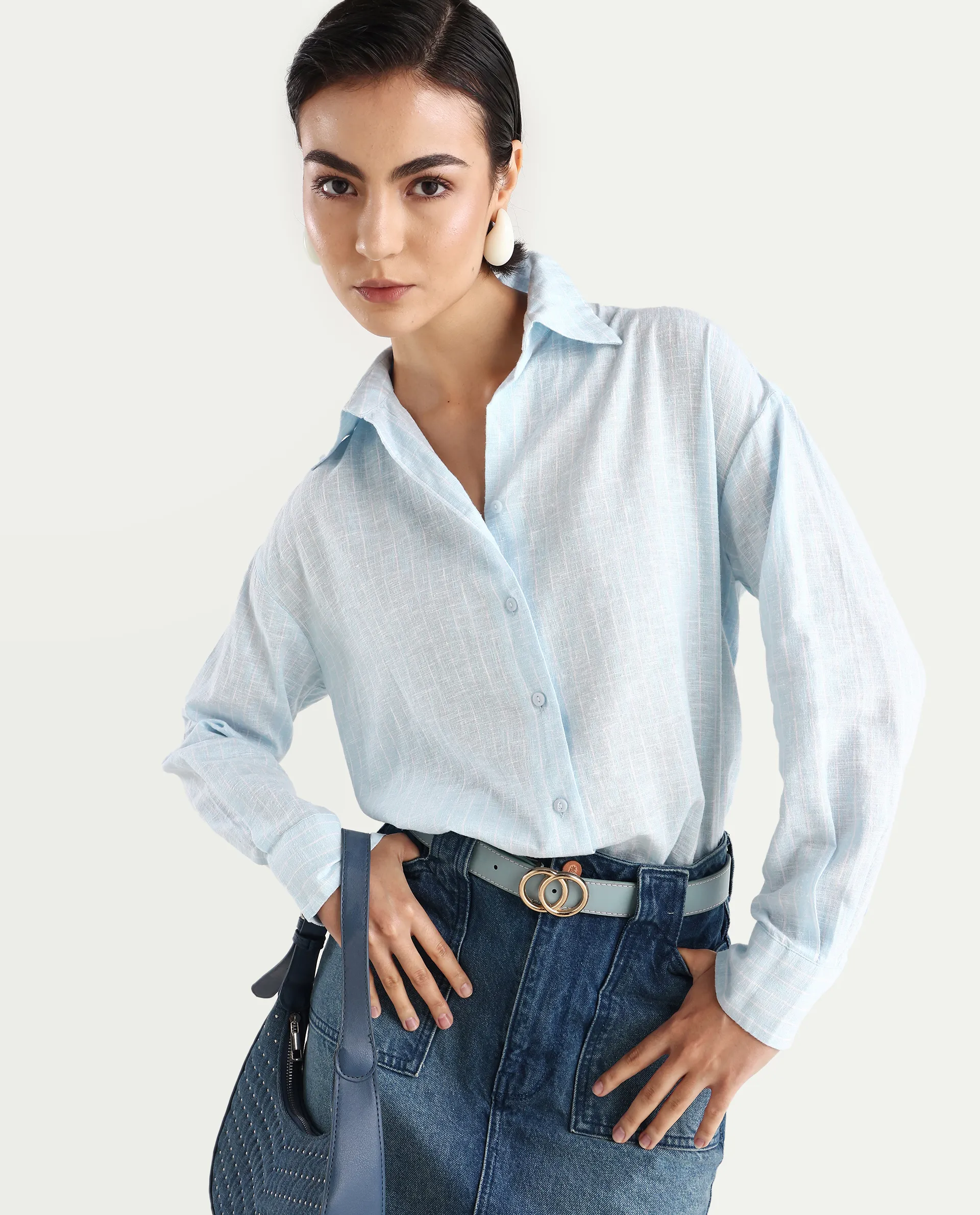 Rareism Women's Nenora Light Blue 100% Linen Spread Collar Boxy Fit Shirt