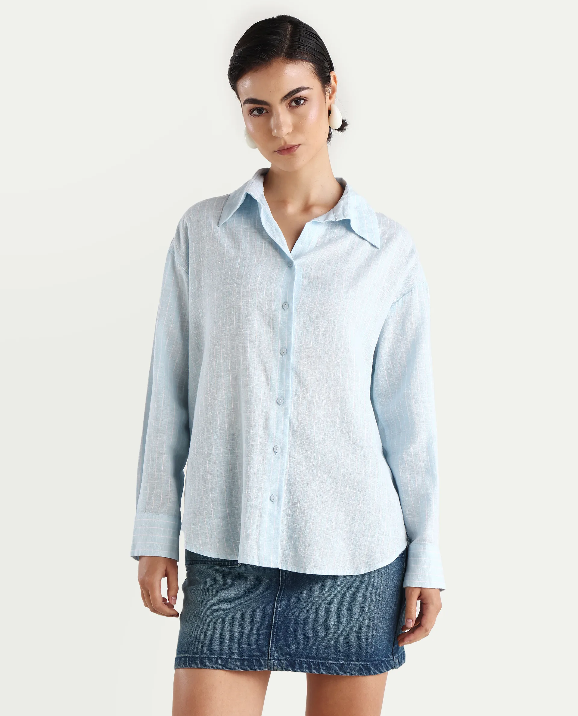 Rareism Women's Nenora Light Blue 100% Linen Spread Collar Boxy Fit Shirt - Image 3